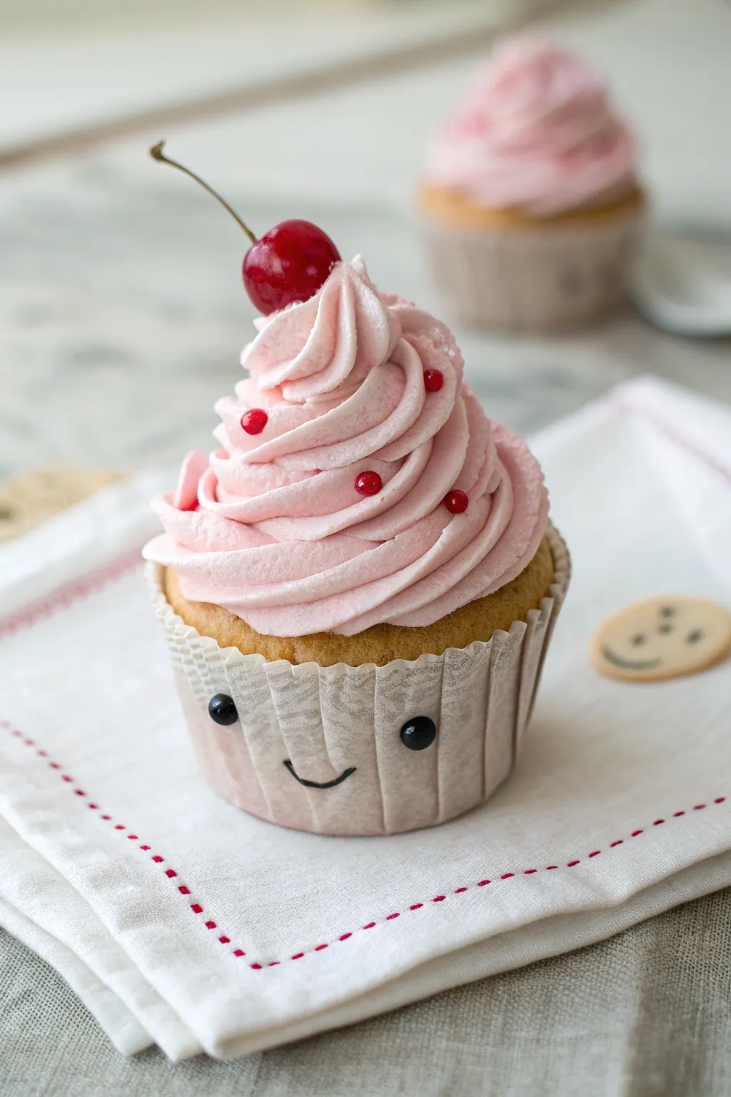 Sweet cupcake clay magnet with swirly frosting, cherry topper, and an adorable tiny face.