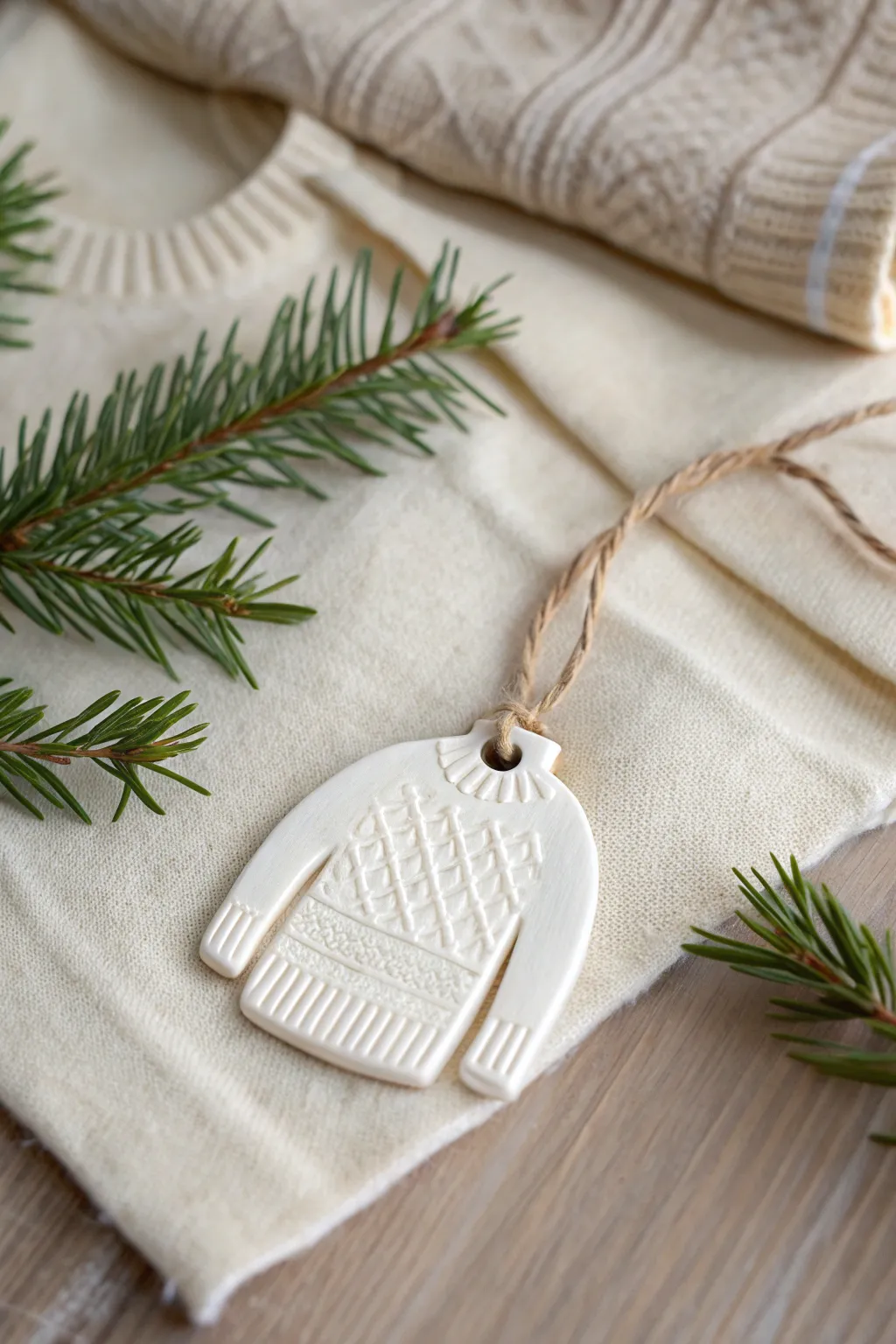 Creamy knit-textured clay tag ornament with a simple trim line for cozy minimalist charm.