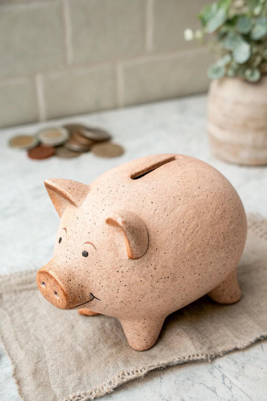 Pinch-pot piggy bank with handmade dimples and minimalist styling, highlighting cozy boho charm.