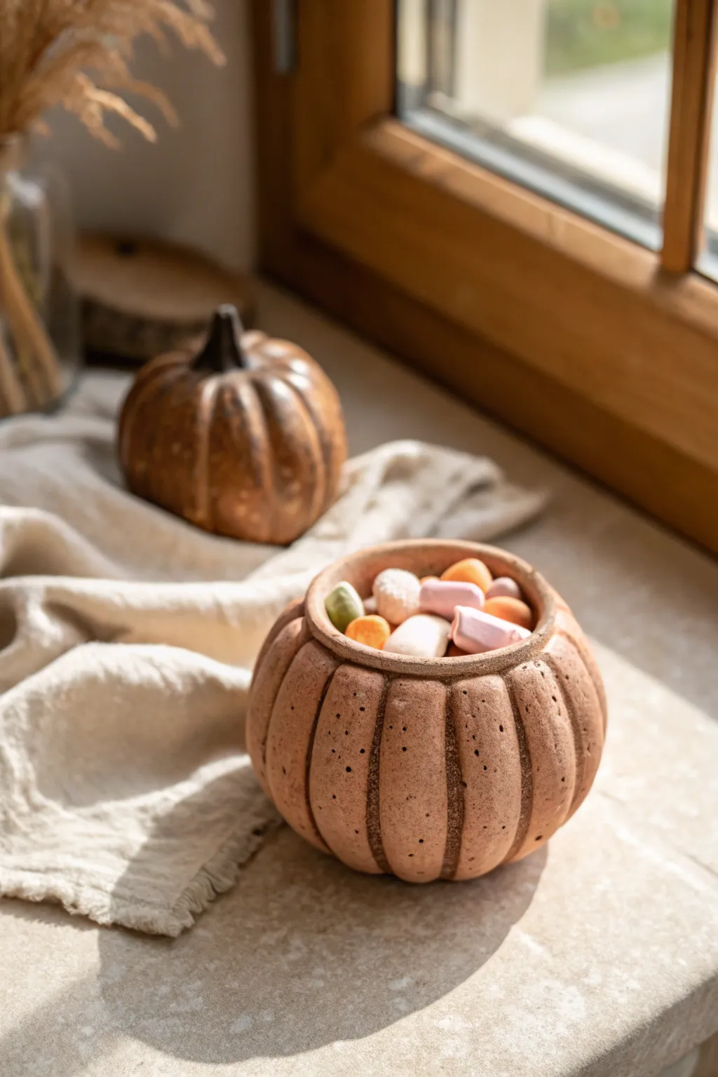 Cozy pumpkin pinch pot candy dish in warm terracotta, perfect for fall treats and minimal decor.