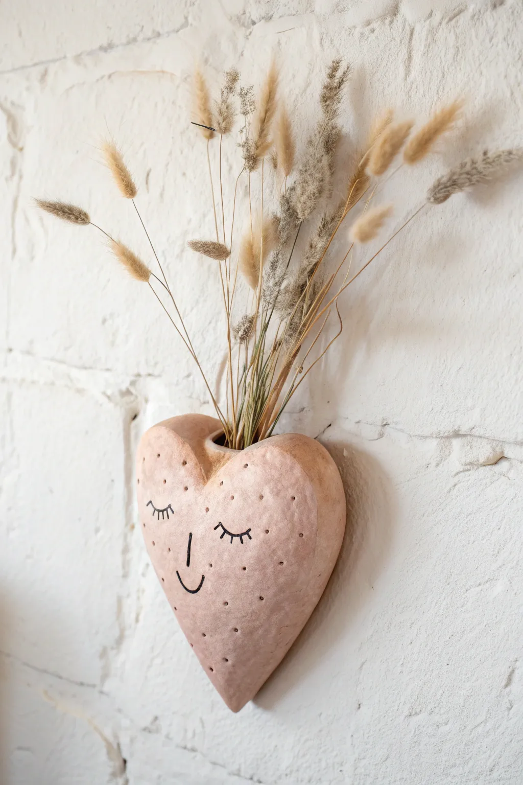 Sweet heart pocket wall vase with a tiny face, styled with dried stems on a calm neutral wall.