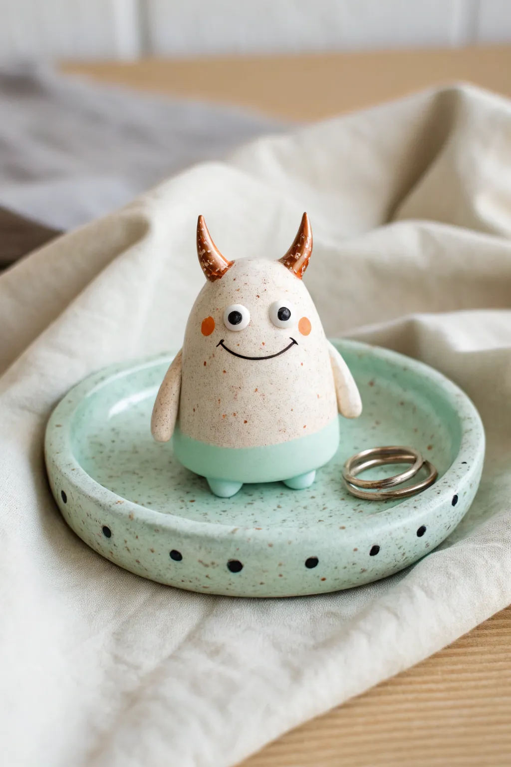 A sweet little clay monster ring holder with raised arms, perfect for cute handmade storage.