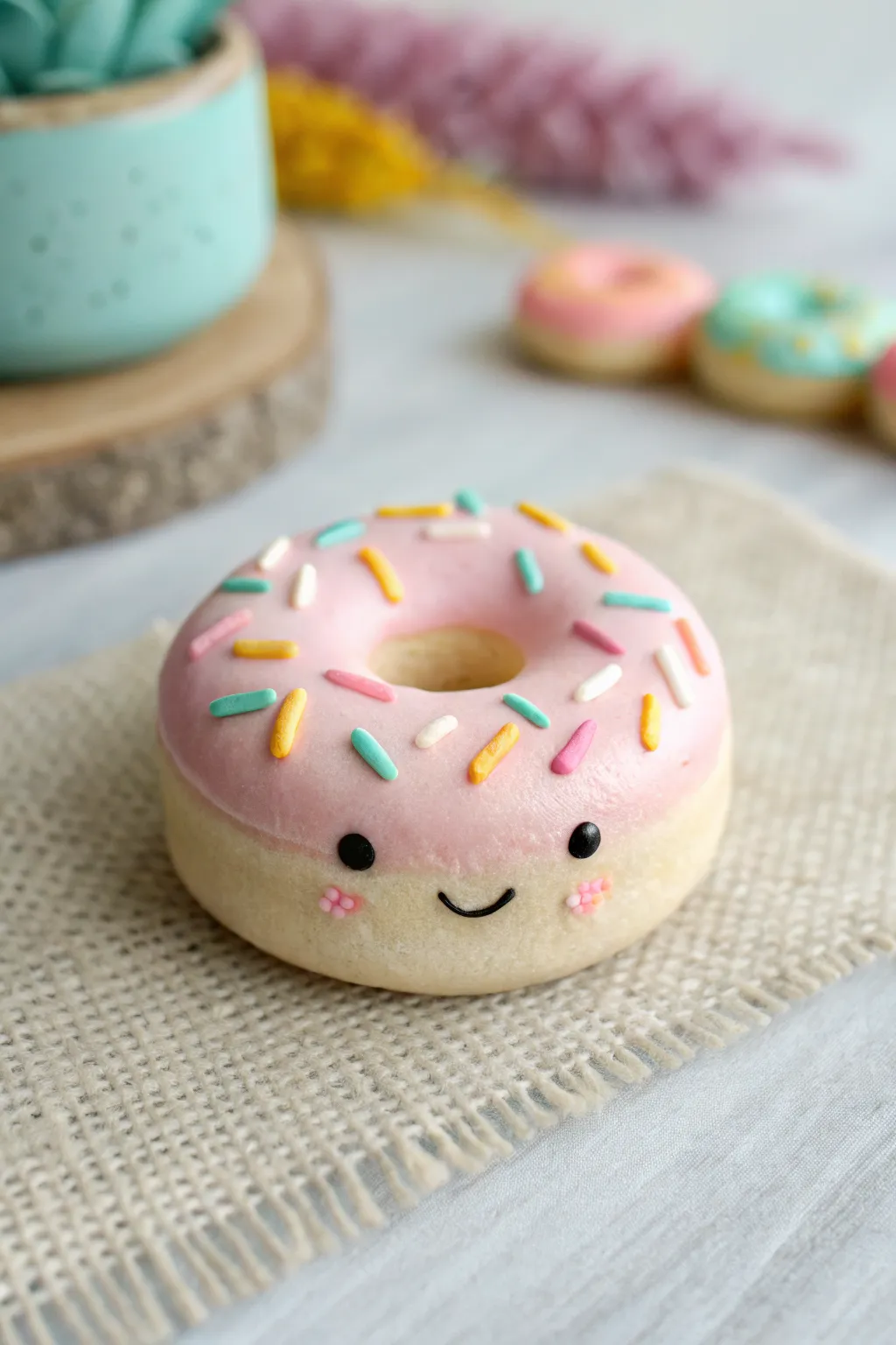 Tiny donut friend with pastel frosting and chunky sprinkles, an easy cute clay sculpture idea