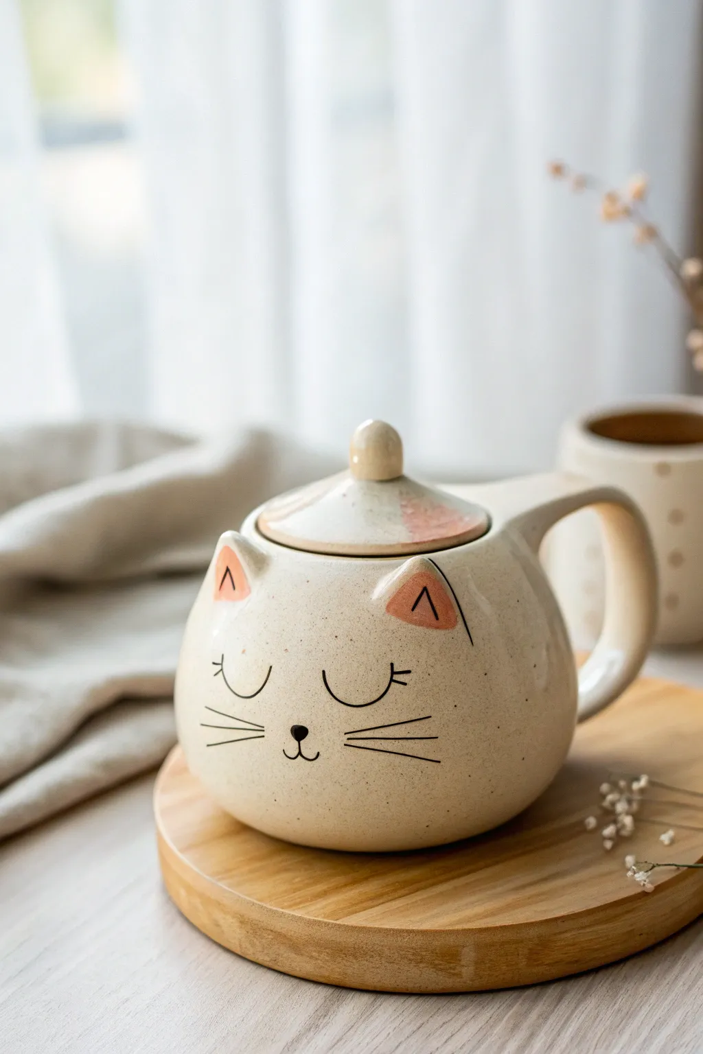 Sweet minimalist cat face teapot with whisker details, handmade look in soft Scandinavian tones
