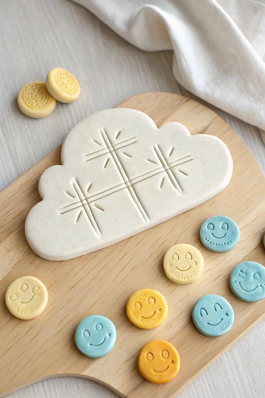 Cute cloud tic tac toe board with sunny smiles and raindrops, soft pastel clay charm