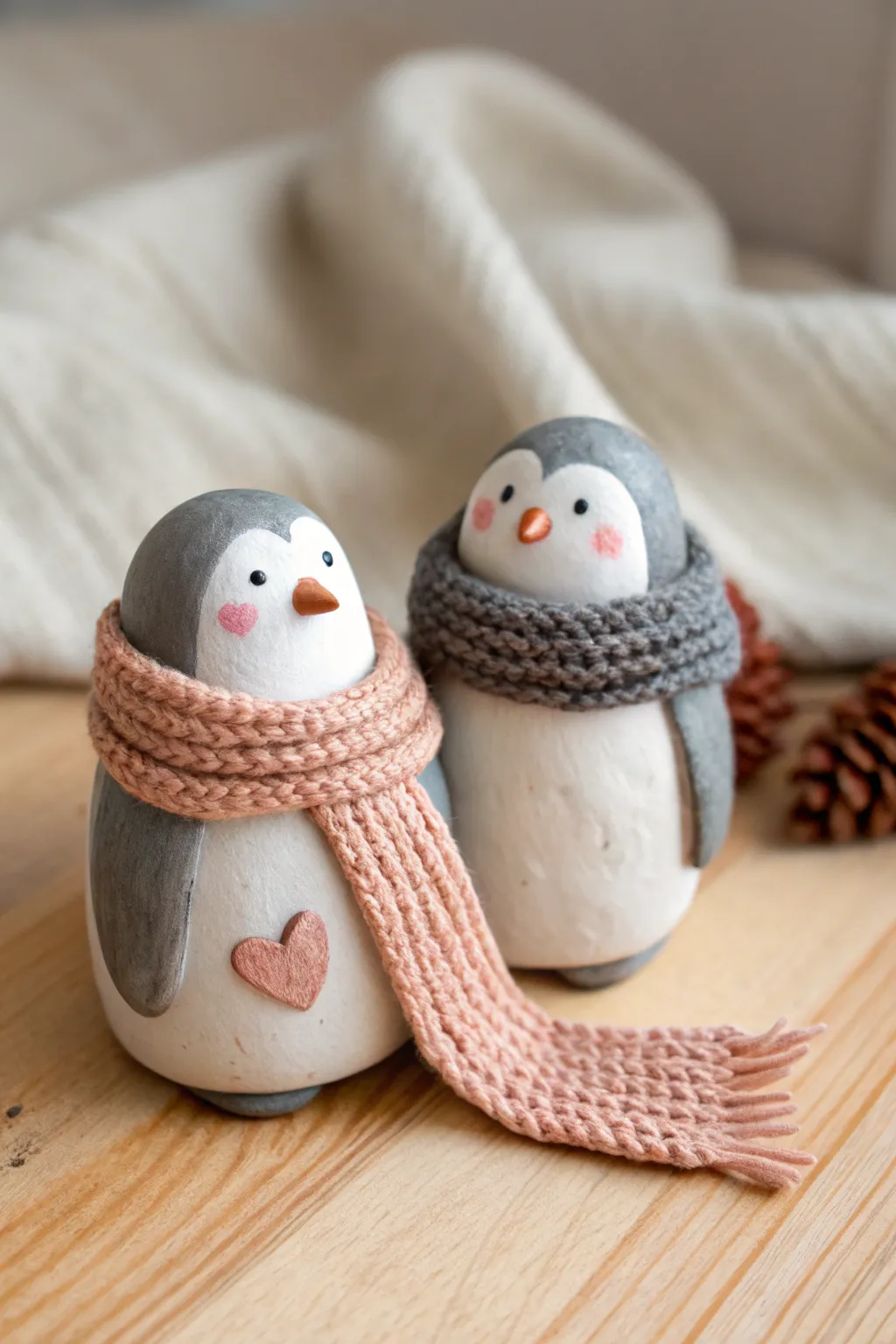 Sweet penguin couple with one shared scarf and a tiny heart, minimalist and cozy.