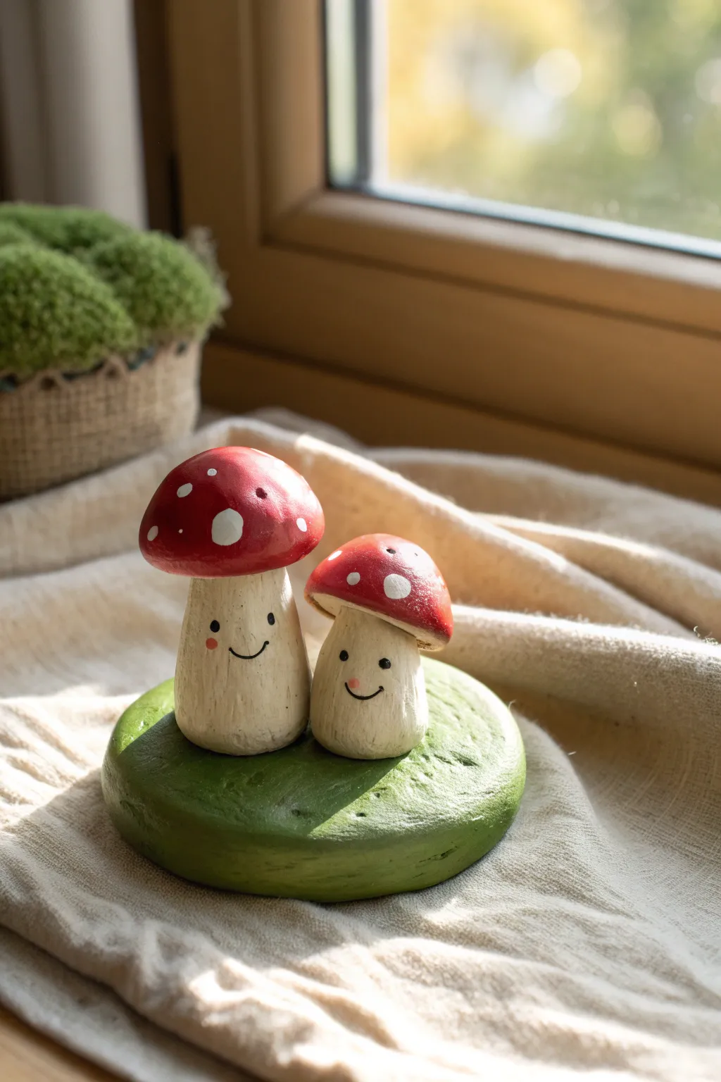 A sweet mini mushroom couple on a mossy base—perfect for a cozy clay date night project.