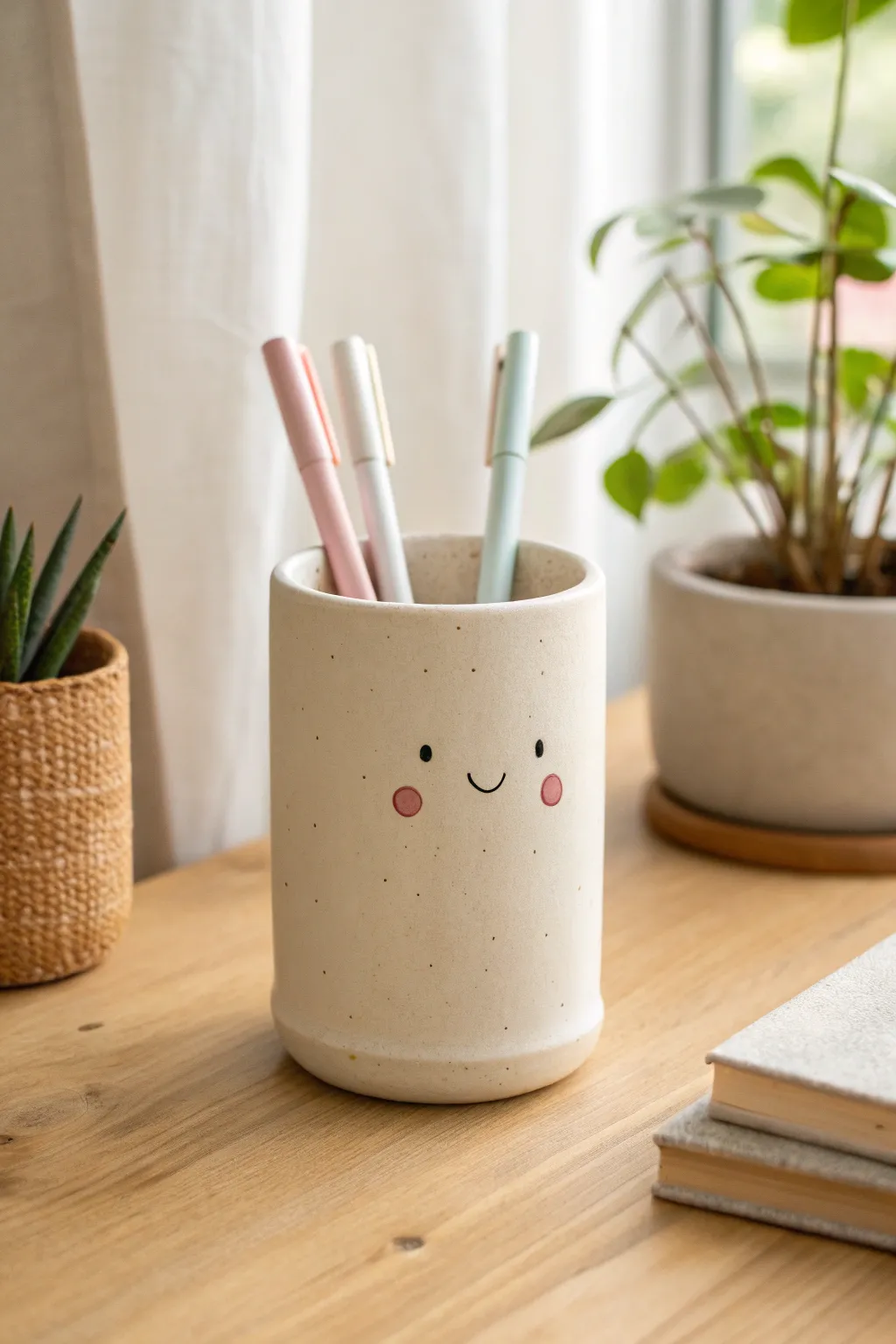 Adorable little-eared clay pen cup with a simple kawaii face for a bright, tidy desk moment.