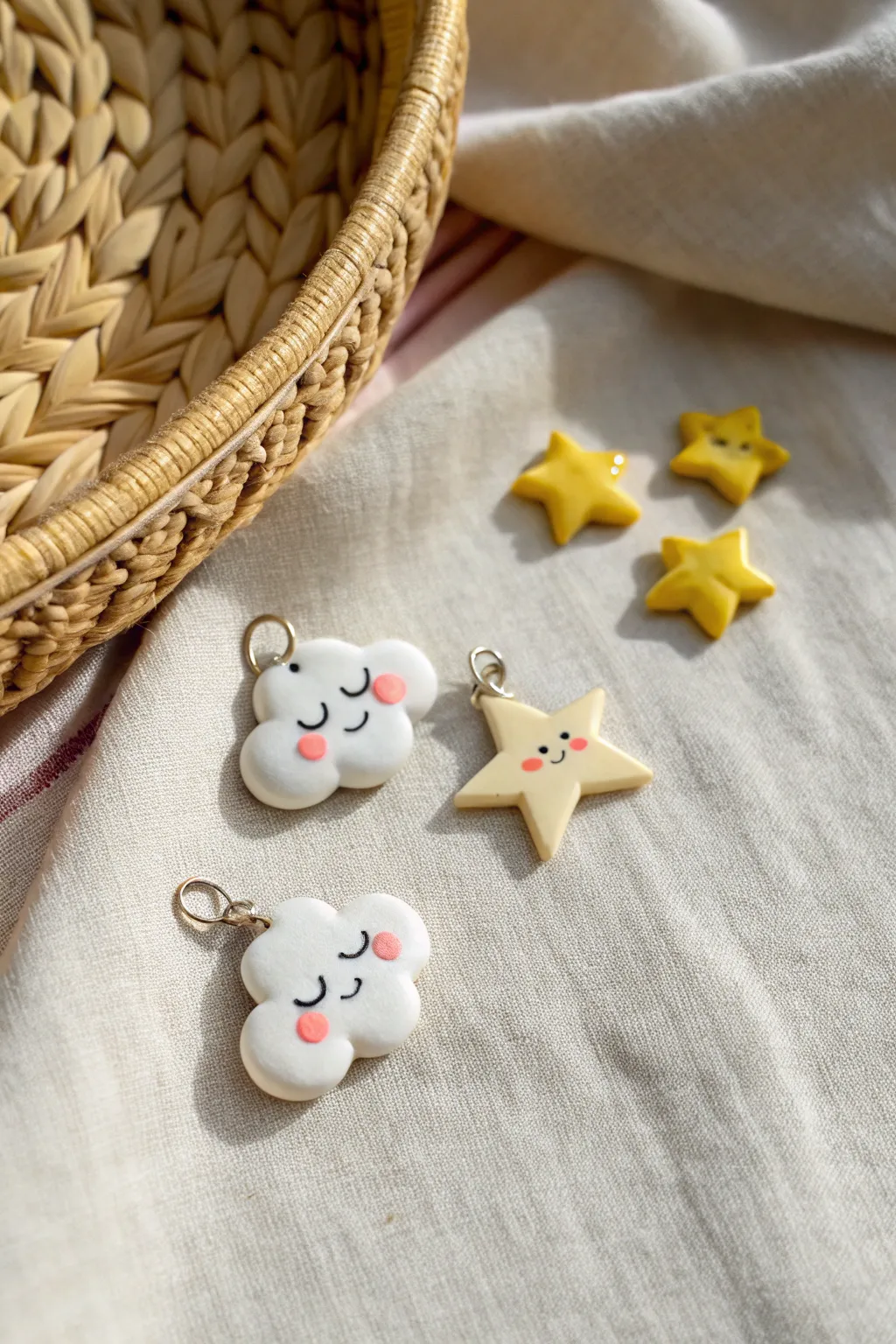 Dreamy cloud and star clay charms with sleepy faces, soft blush, and cozy minimalist vibes