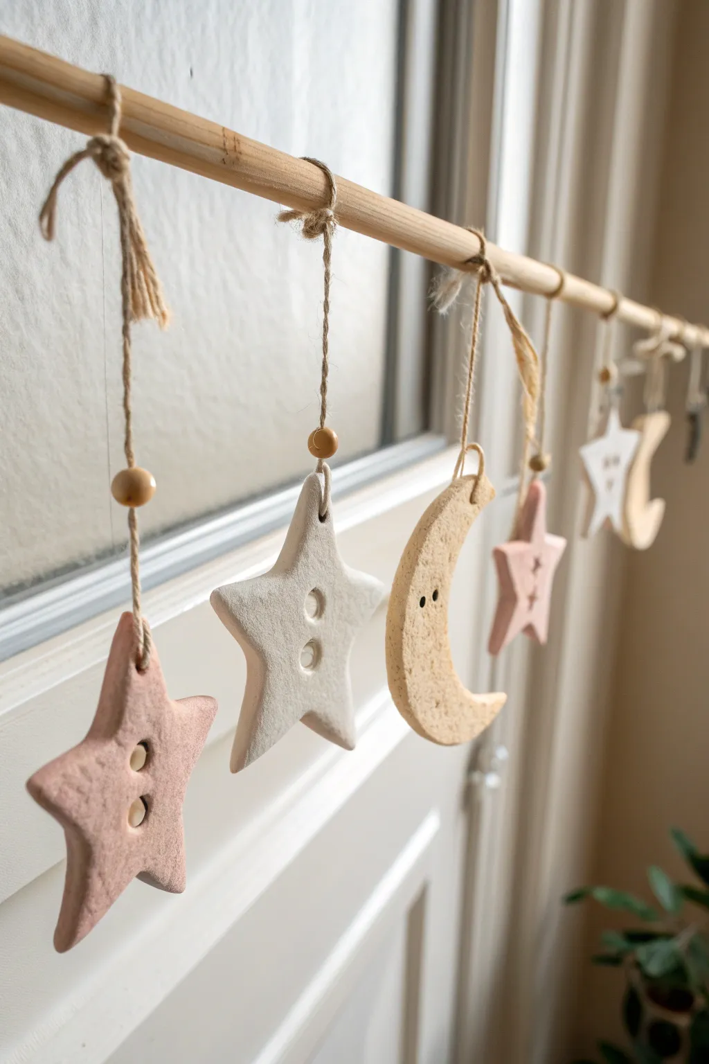 Sweet moon and star mini garland in blush and cream, a dreamy dry clay decor idea.