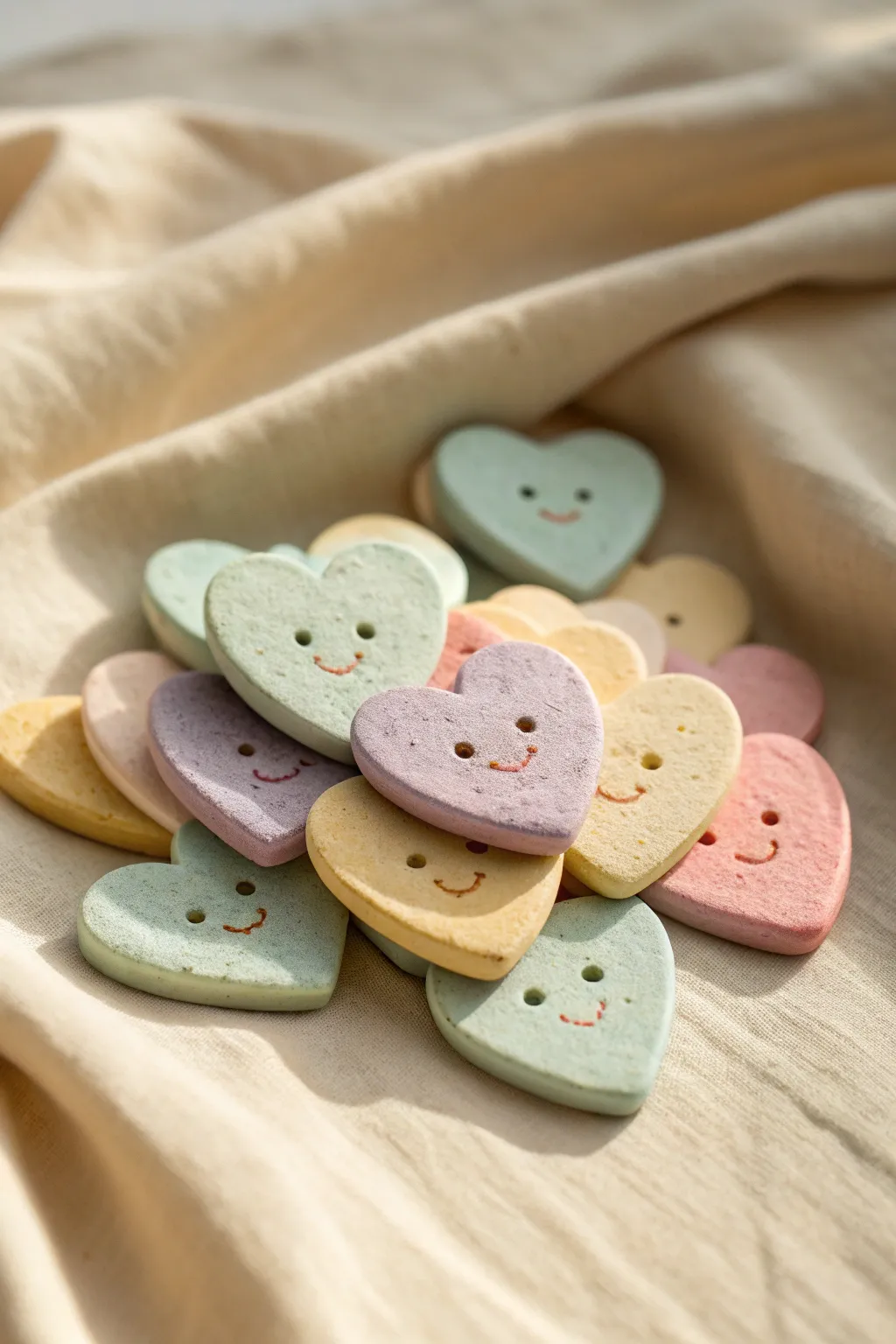 Sweet pastel heart pocket tokens with tiny faces, stacked for the easiest beginner clay win.