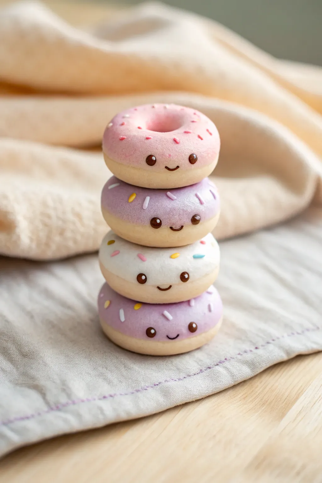 Three mini clay donuts with pastel icing and tiny faces, stacked sweetly for an easy cute project.