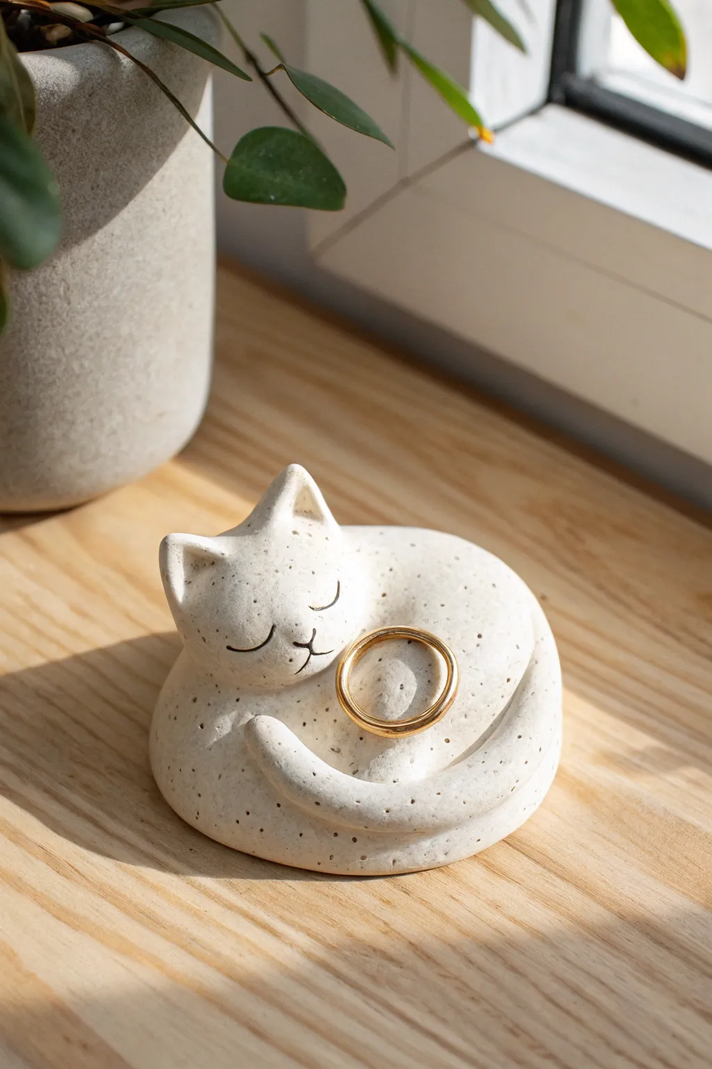 Sleepy cat clay ring holder with a tiny tail post, simple, cute, and perfectly functional.