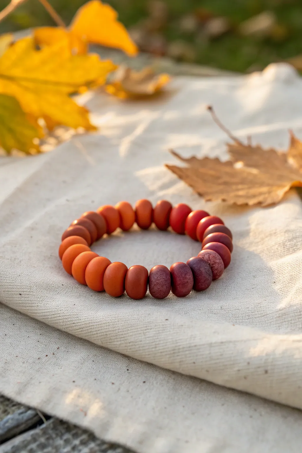 Harvest sunset clay bead bracelet stack in warm ombré tones, softly lit with autumn bokeh.