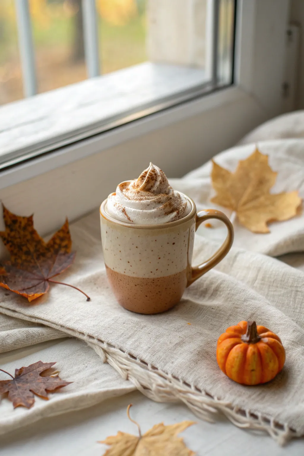 Cozy pumpkin spice mug ornament in warm latte tones, styled with dried leaves and soft light