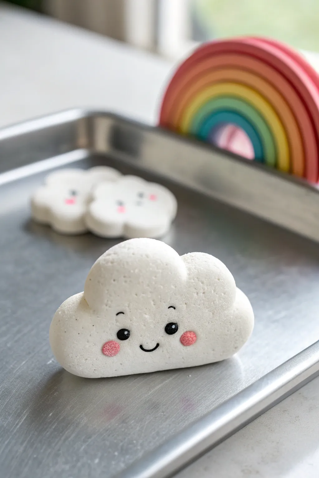 Sweet foam clay cloud magnet with rosy cheeks and a soft rainbow accent on clean metal