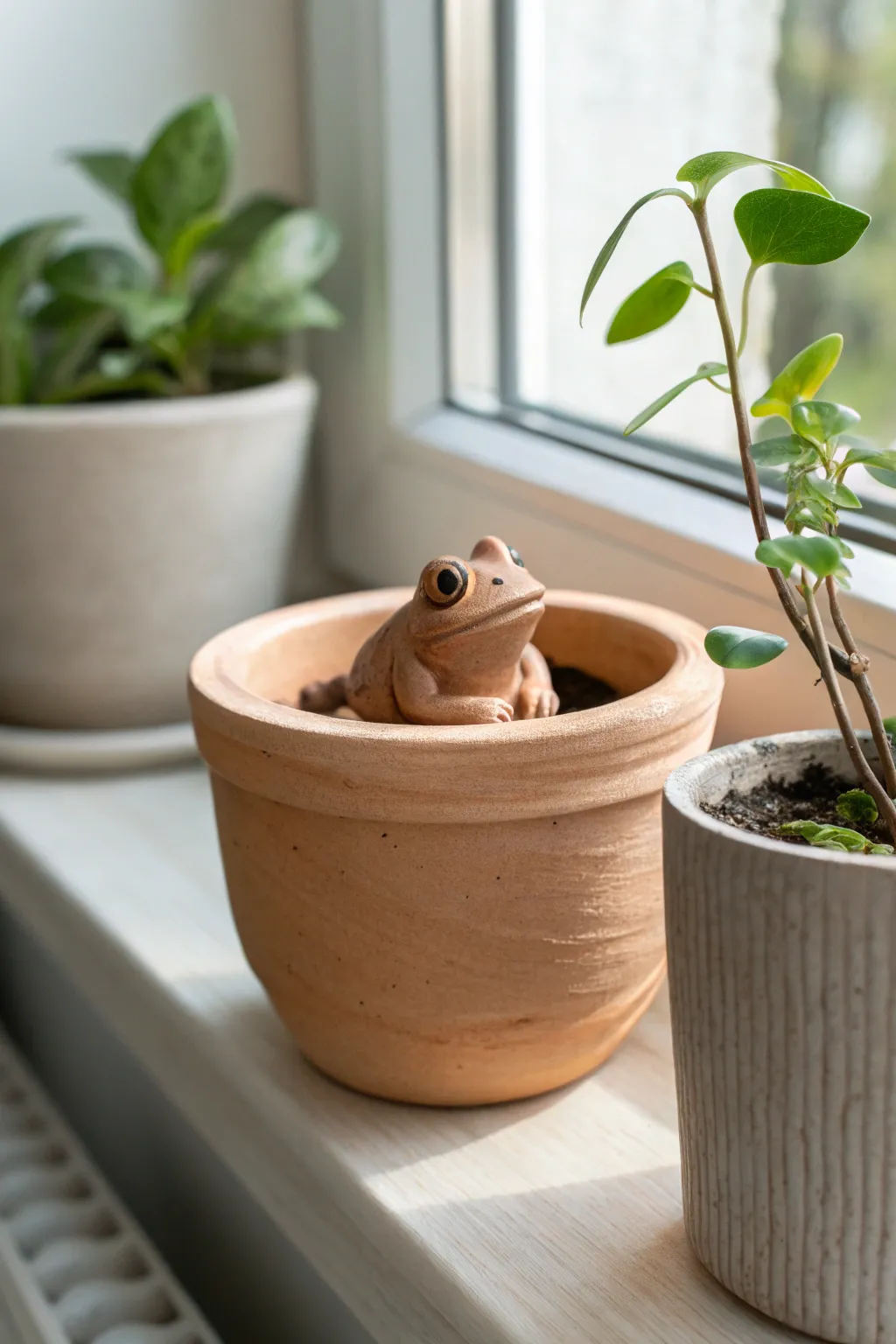 A tiny clay frog plant pot pal peeking over the rim, styled simply on a bright windowsill.