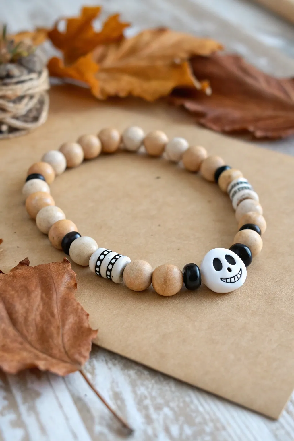 Soft neutral clay disc bracelet with a tiny smiling skull for a mellow minimalist Halloween vibe