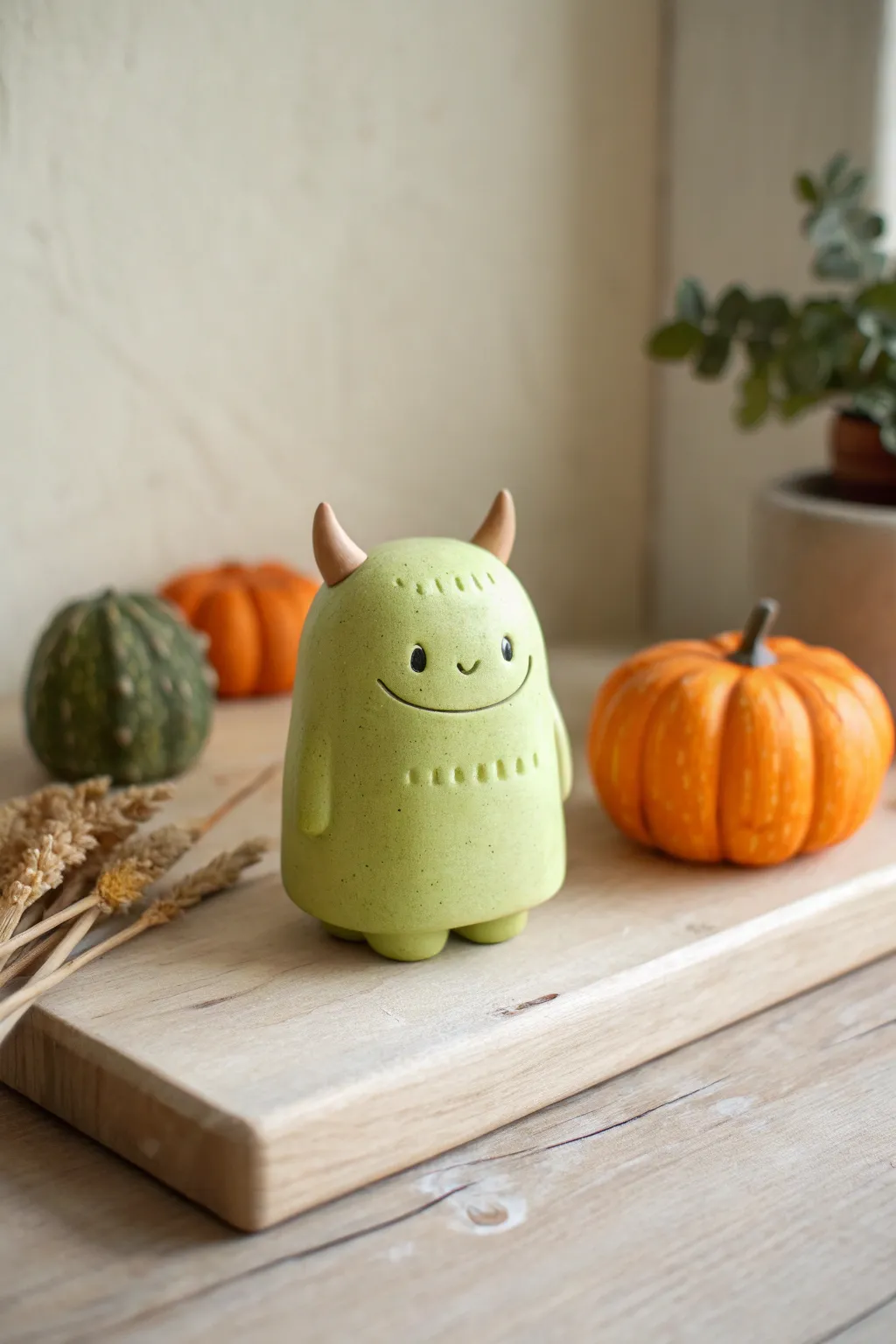Cute green monster mini figurine with a tiny pumpkin, a friendly Halloween clay idea