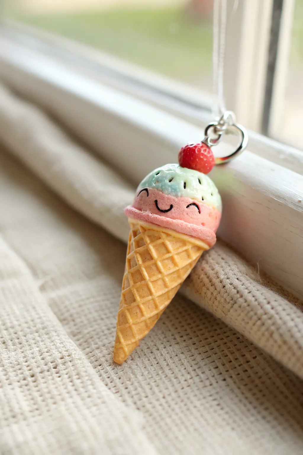 Tiny smiling clay ice cream cone charm in sunny pastels, minimalist styling for sweet inspo.