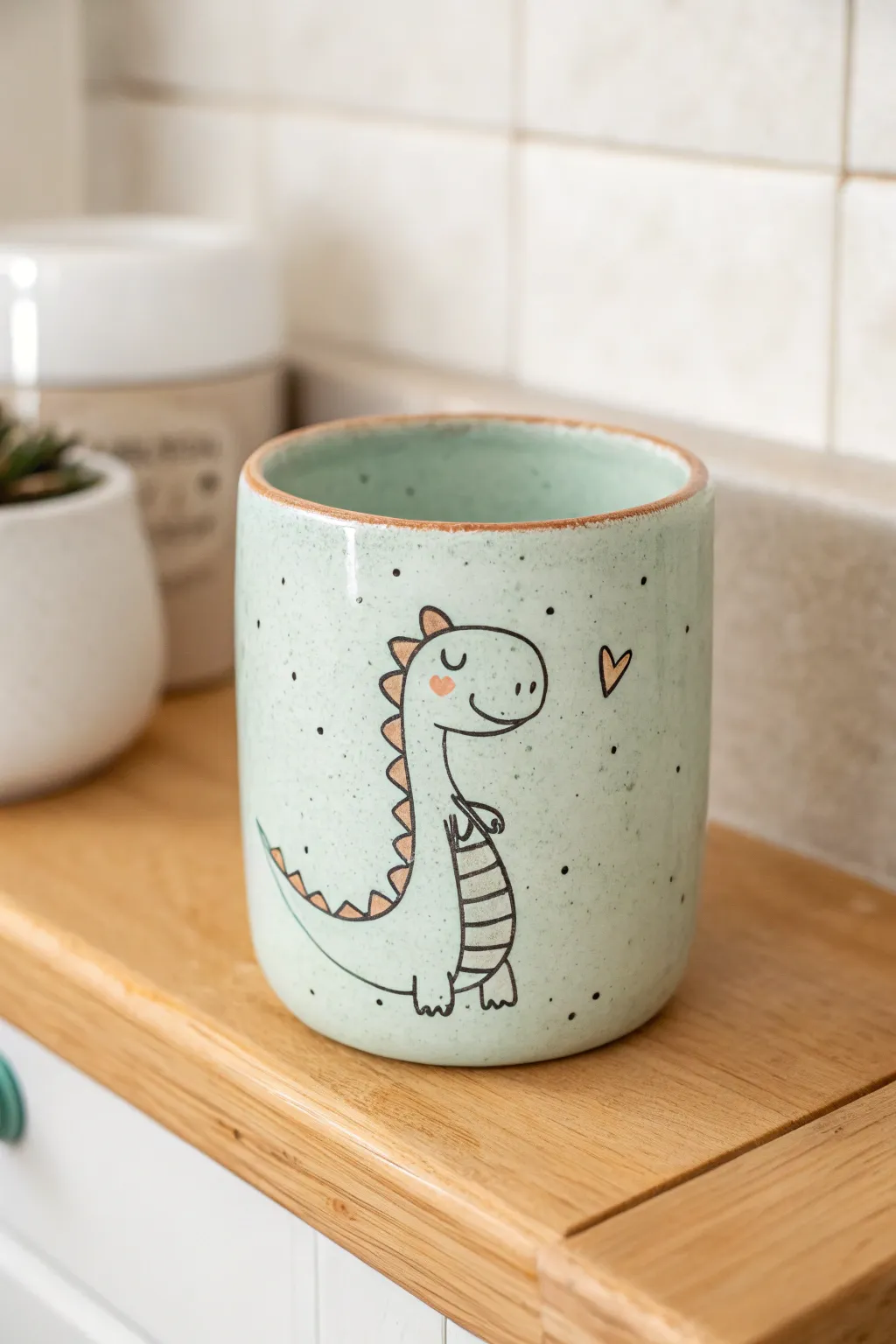 A pastel dino toothbrush cup that adds playful charm while staying clean, minimal, and handmade