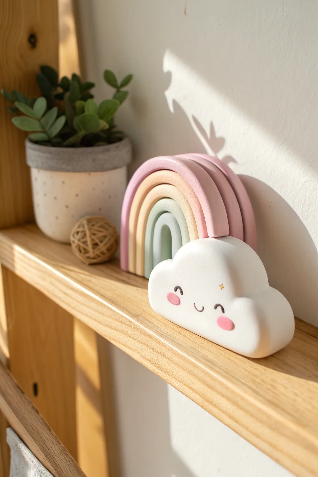 Puffy kawaii cloud with a pastel rainbow arch on a minimalist shelf, soft boho vibes