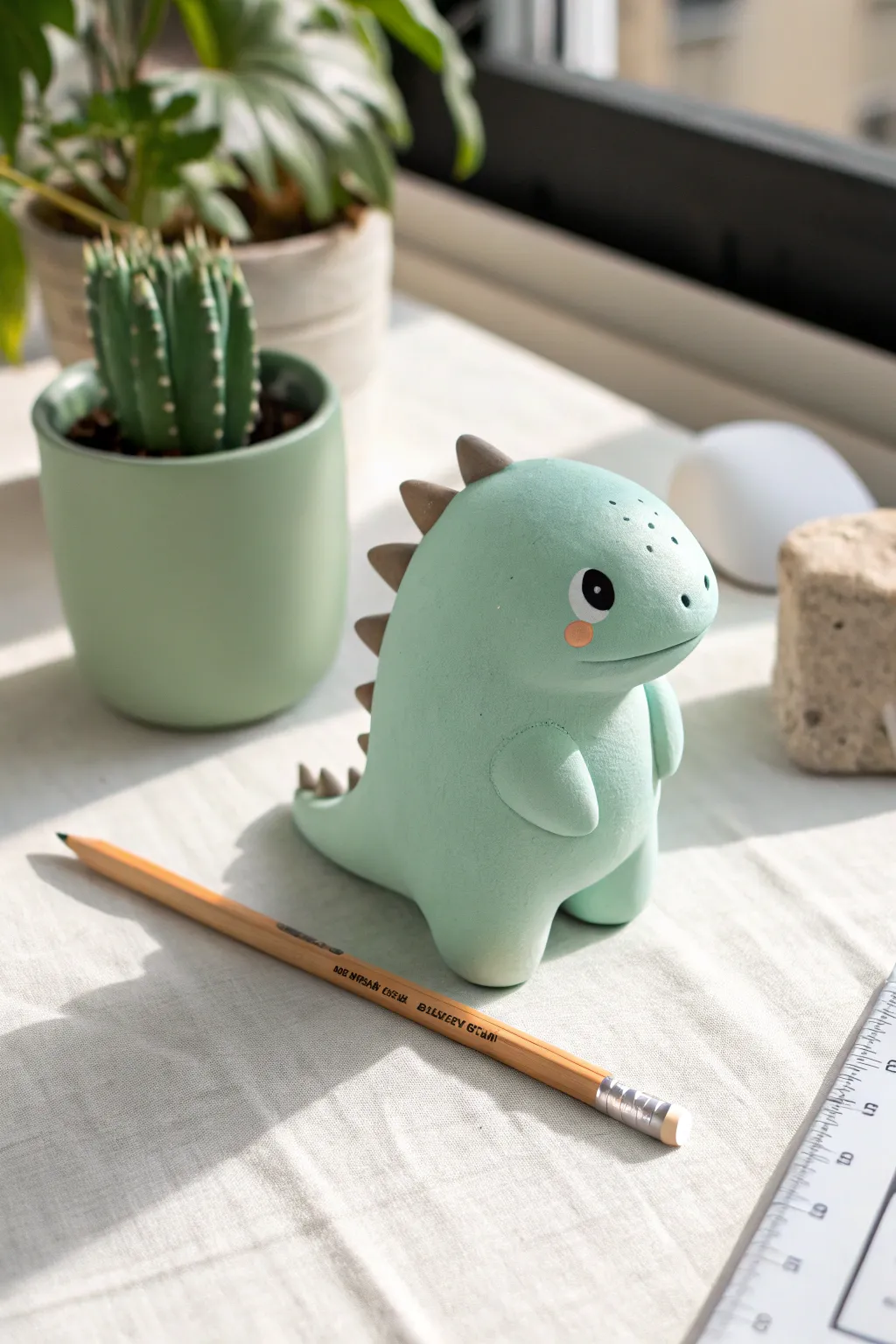 Pastel chibi dino desk buddy with dot eyes and blush cheeks, minimalist and adorable