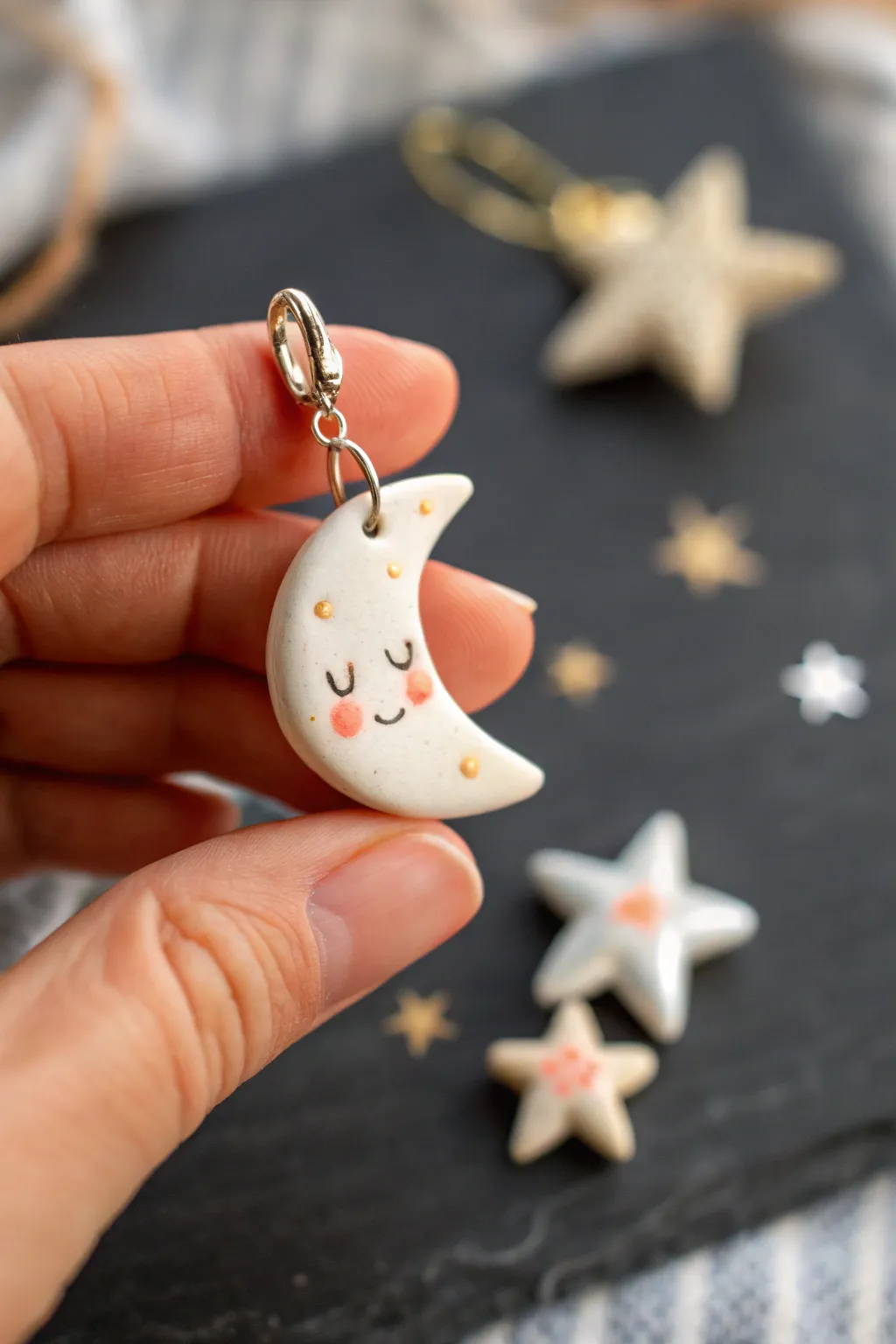 Tiny star and moon friend charms with sweet smiles, styled minimal on a dark backdrop for contrast