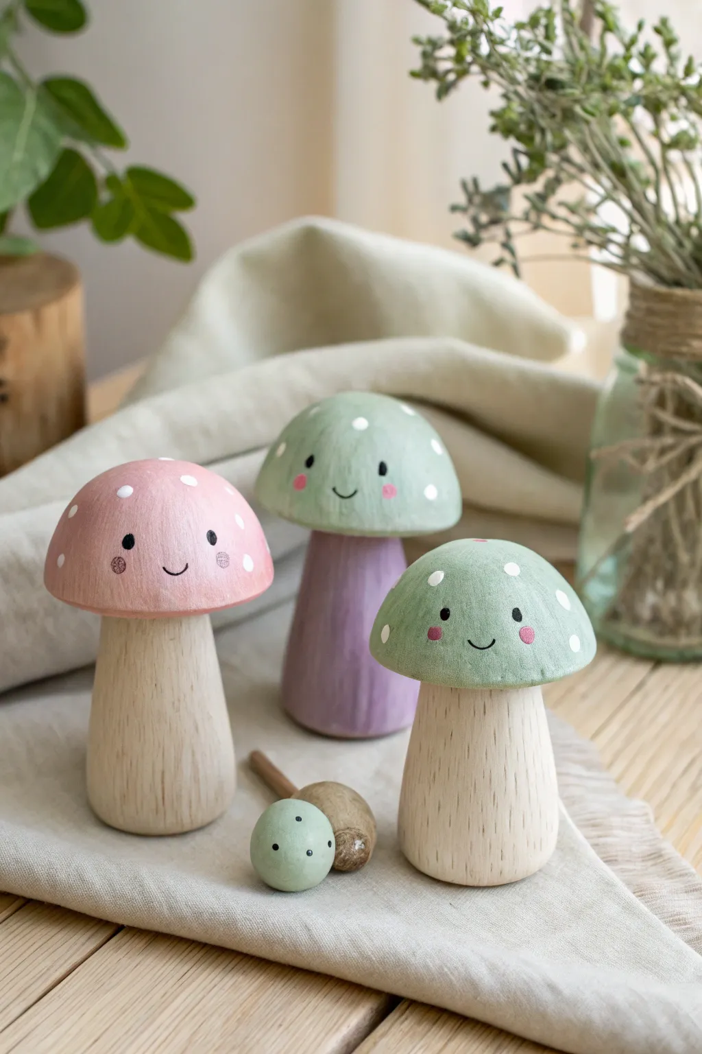 Tiny pastel mushroom friends with sweet faces, a simple boho-minimal clay charm for your shelf