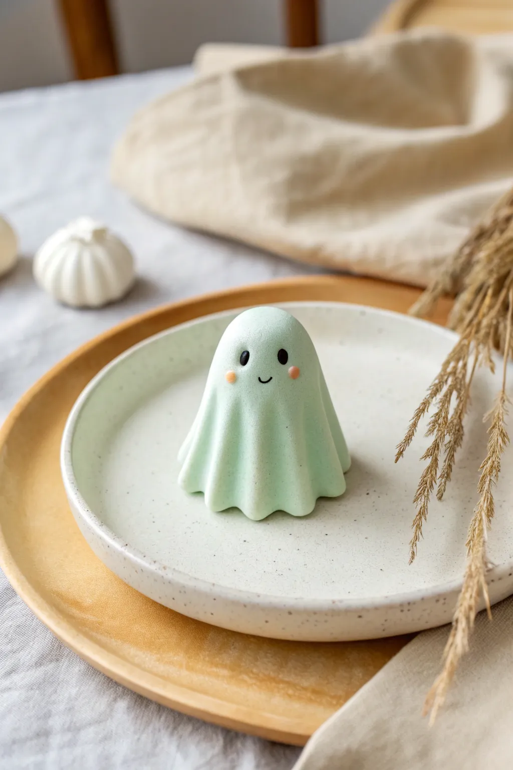 Sweet pastel clay ghost with rosy cheeks, minimalist and cozy for cute modeling clay ideas.