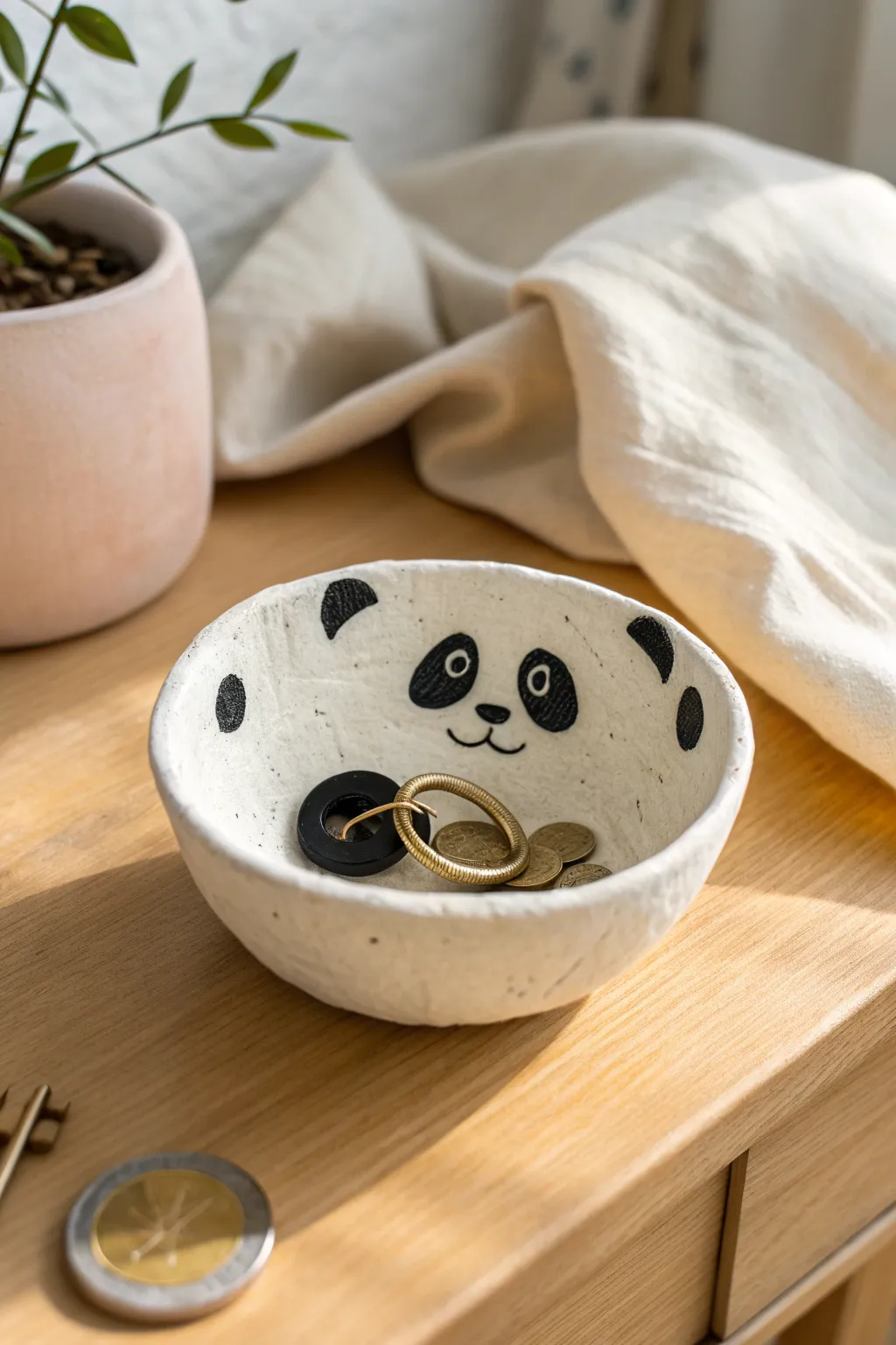Panda pinch pot catchall with patchy eyes, a sweet minimalist spot for coins and keys.