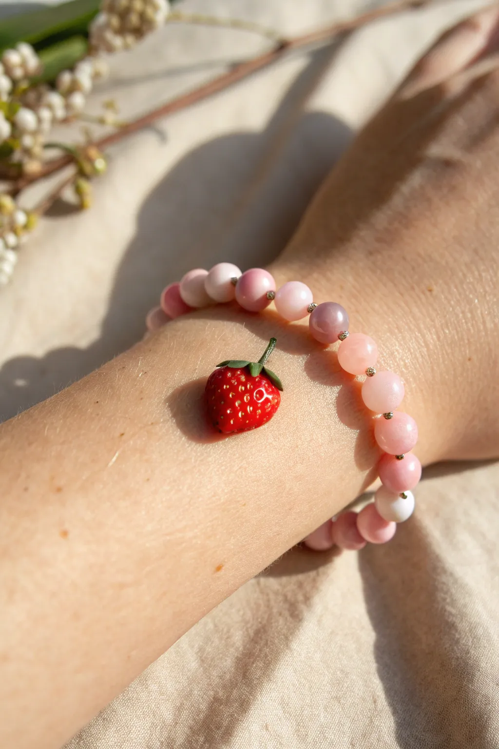 Sweet pink clay bead bracelet with a strawberry charm, minimalist styling and warm natural light