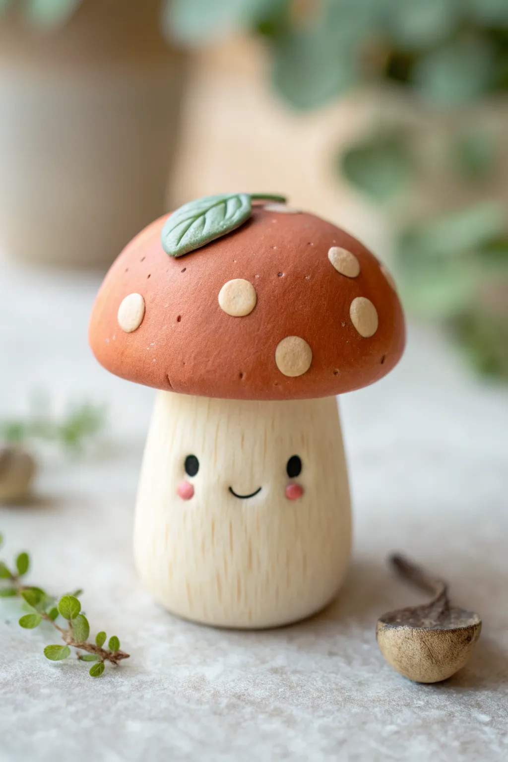 Adorable beginner-friendly polymer clay mushroom sprout with a sweet face and tiny leaf detail.