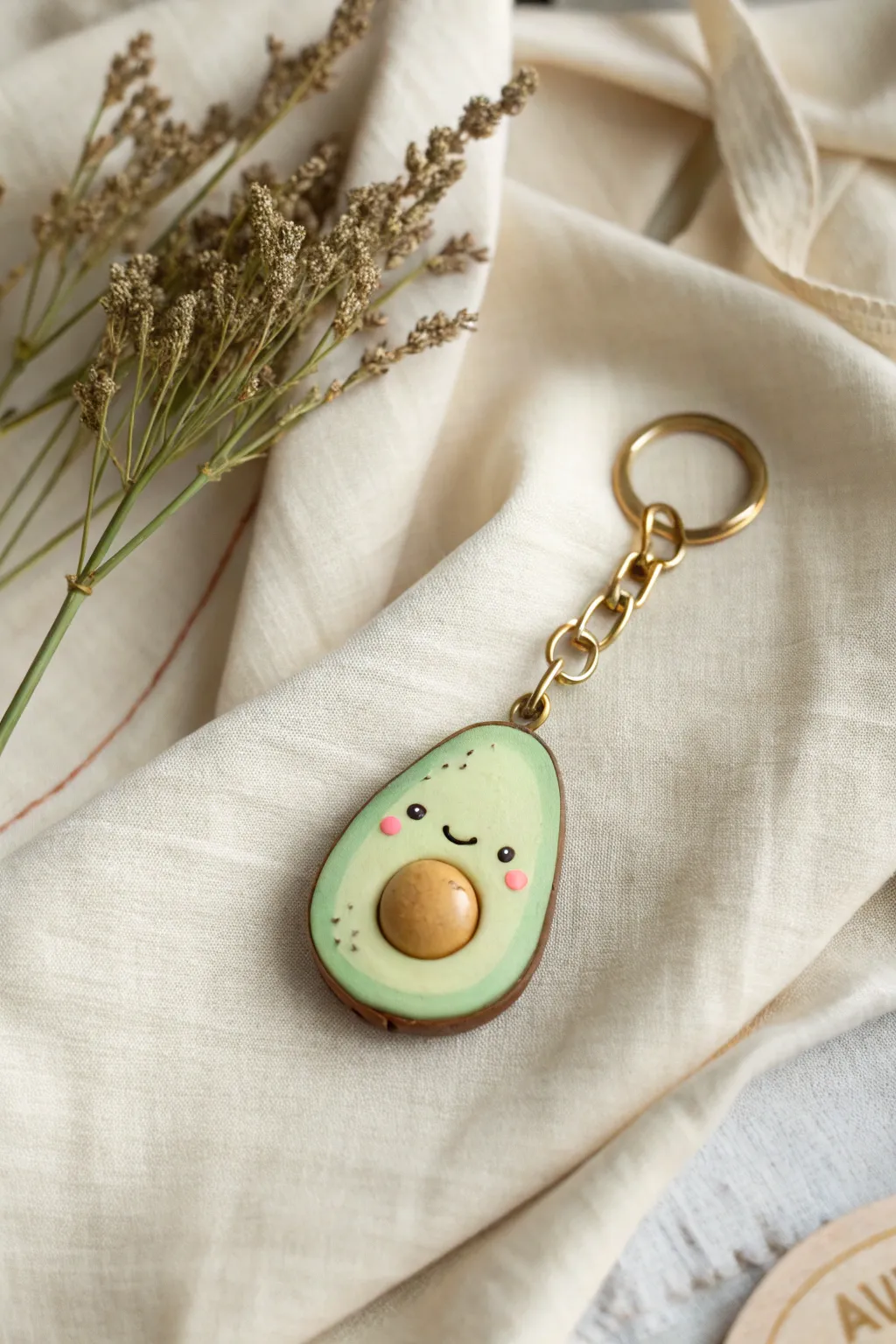 Cute avocado half keychain with a smiling pit in soft pastel greens, minimalist and handmade.