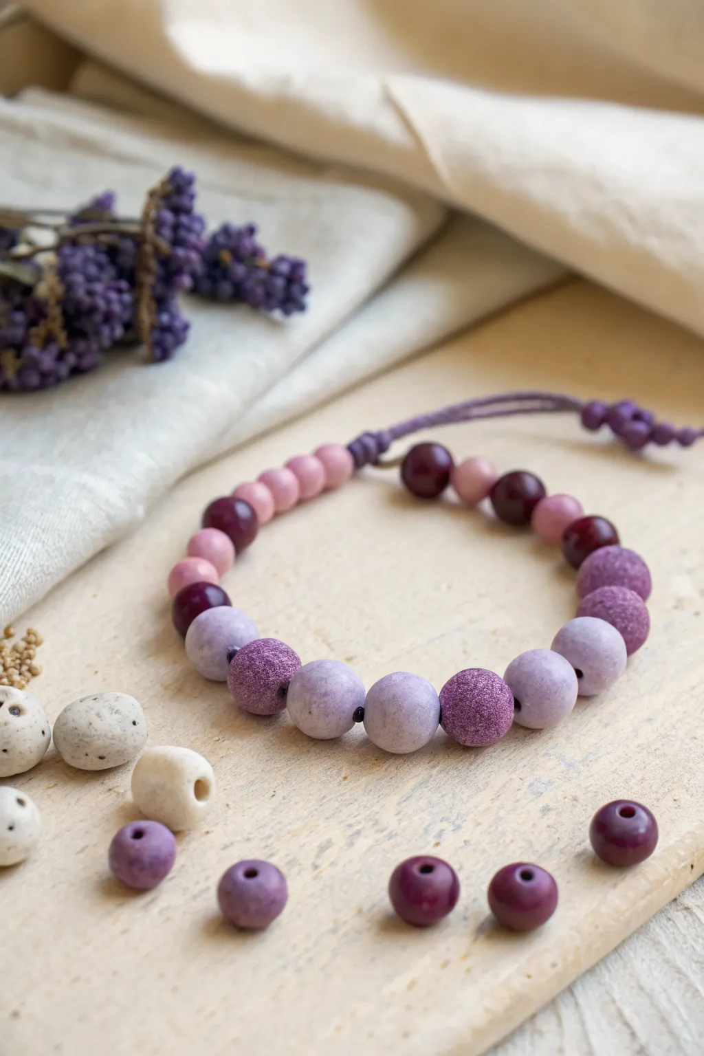 Purple color-block clay bead bracelet in lavender to plum, styled with matching loose beads.