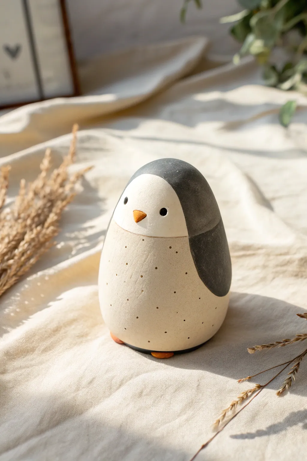 Egg-shaped clay penguin with simple color blocking, minimalist and irresistibly collectible