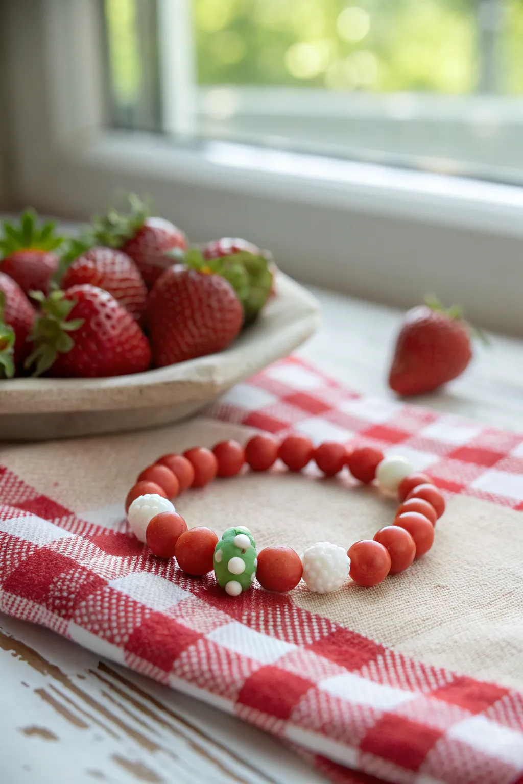 Strawberry picnic vibes in red, white, and green clay beads for an easy summer bracelet.