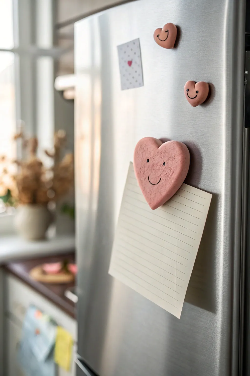 Cute clay heart magnets with tiny faces, holding blank notes on a minimal fridge for Valentines charm.
