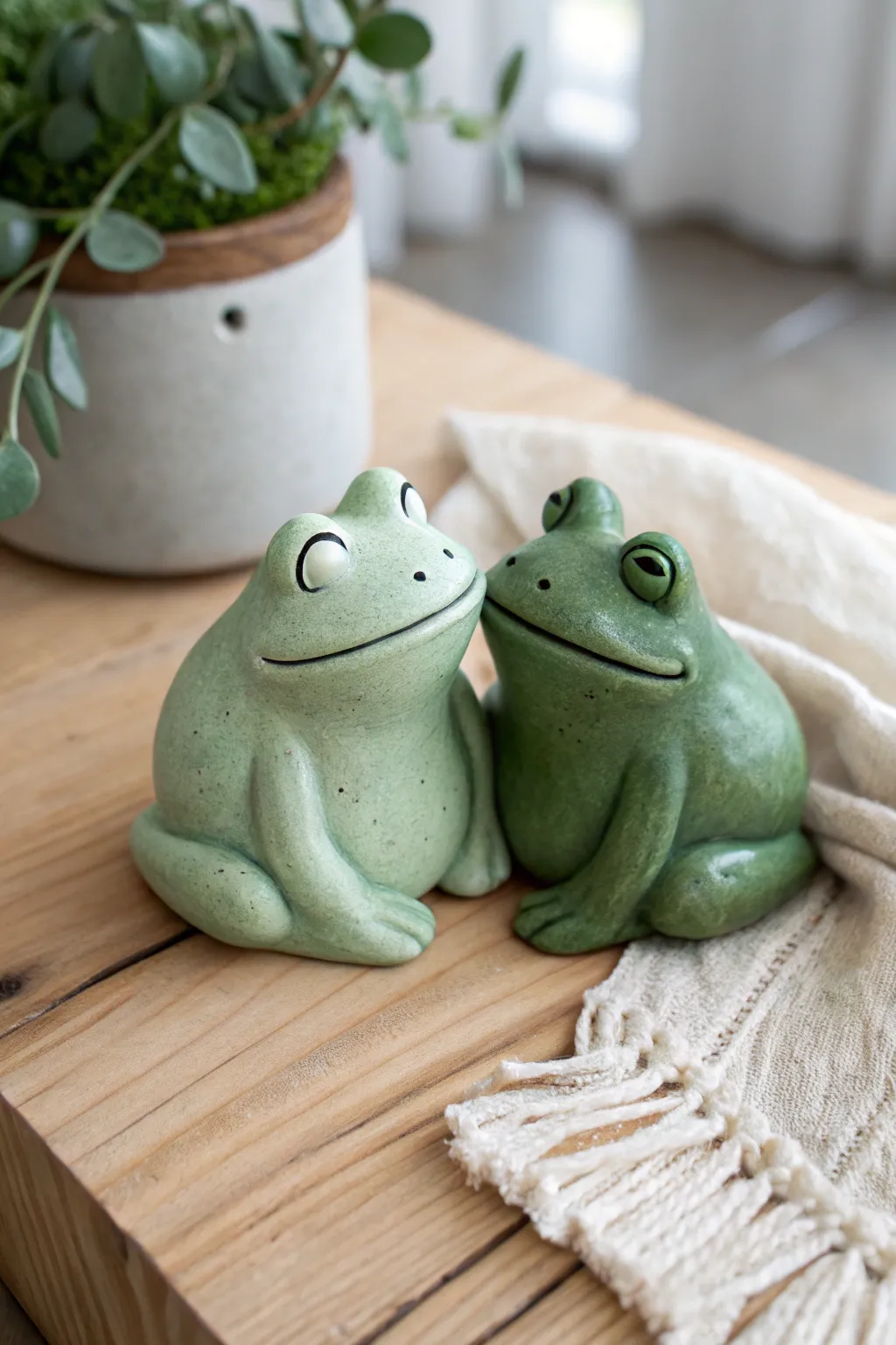 Cute frog buddies in simple green clay, perfect beginner date-night pottery project