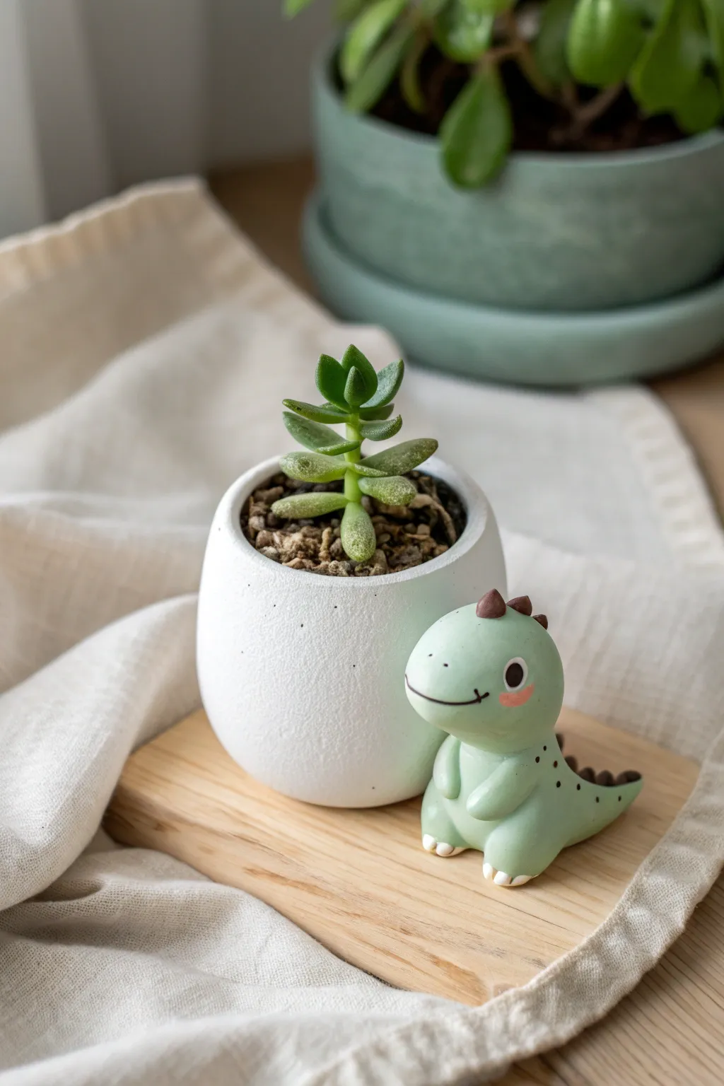 Mini dino planter buddy in soft light, a cute kawaii clay accent for a calm minimalist shelf