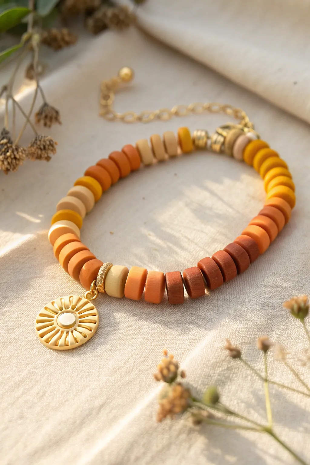 Savanna sunset ombre clay disc bracelet with a tiny sun charm, warm minimal boho vibe