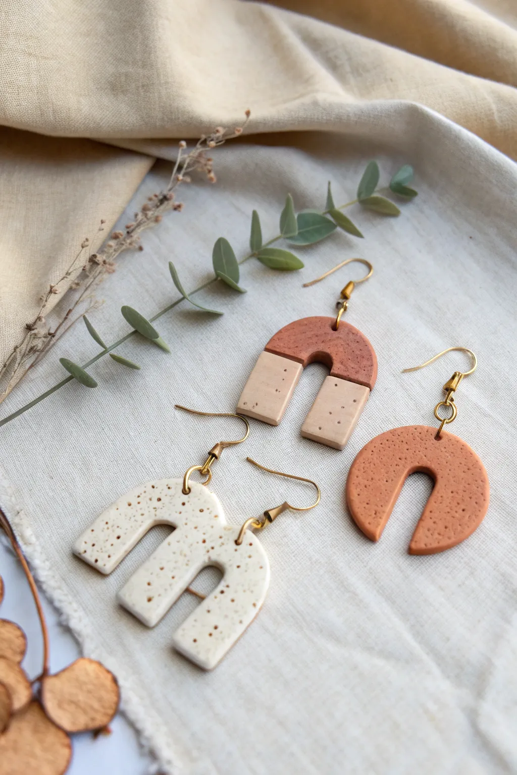 Minimalist geometric air-dry clay dangle earrings with speckles and a soft half-dip detail