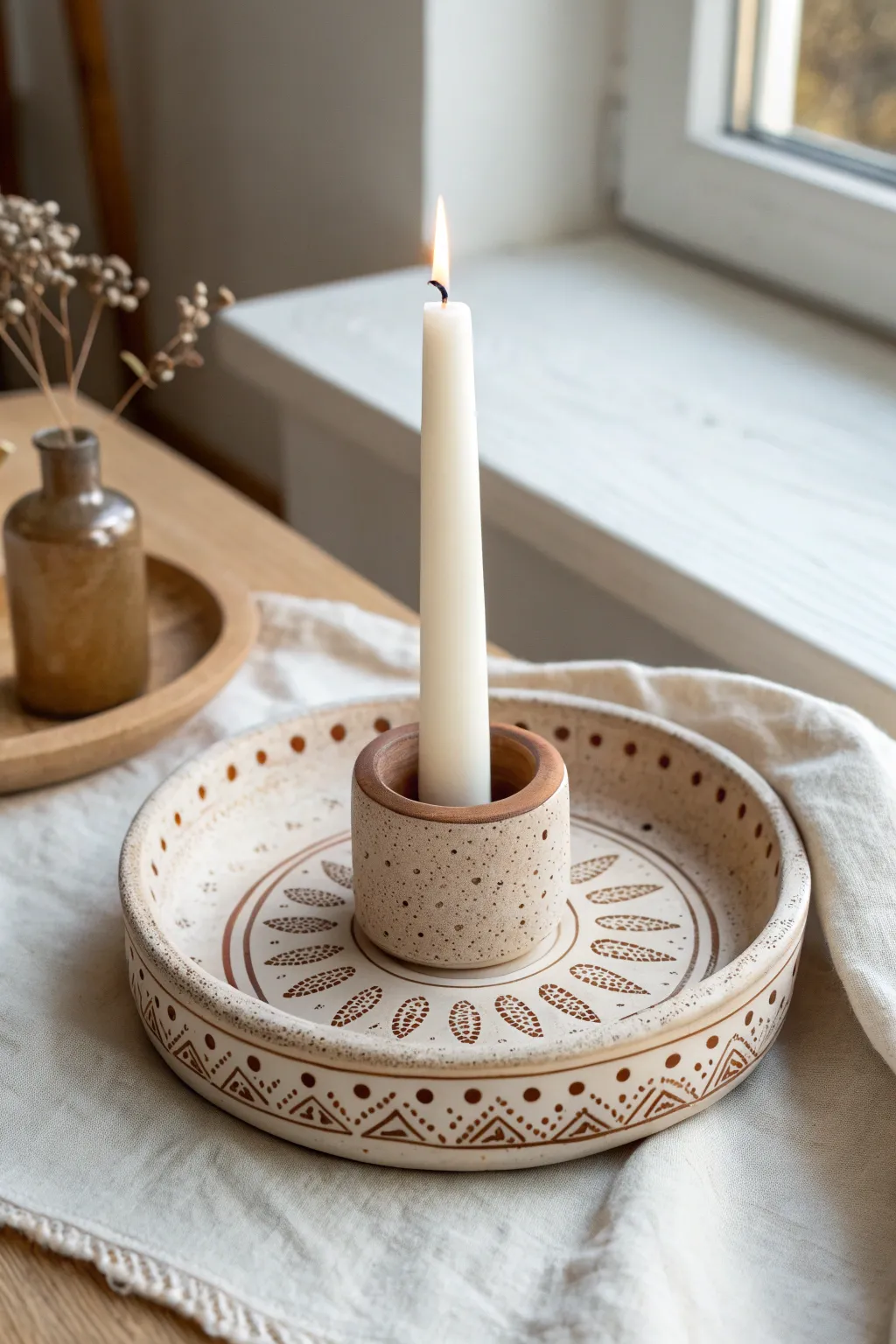 Minimal stamped clay taper base with soft speckled matte finish and crisp handmade texture