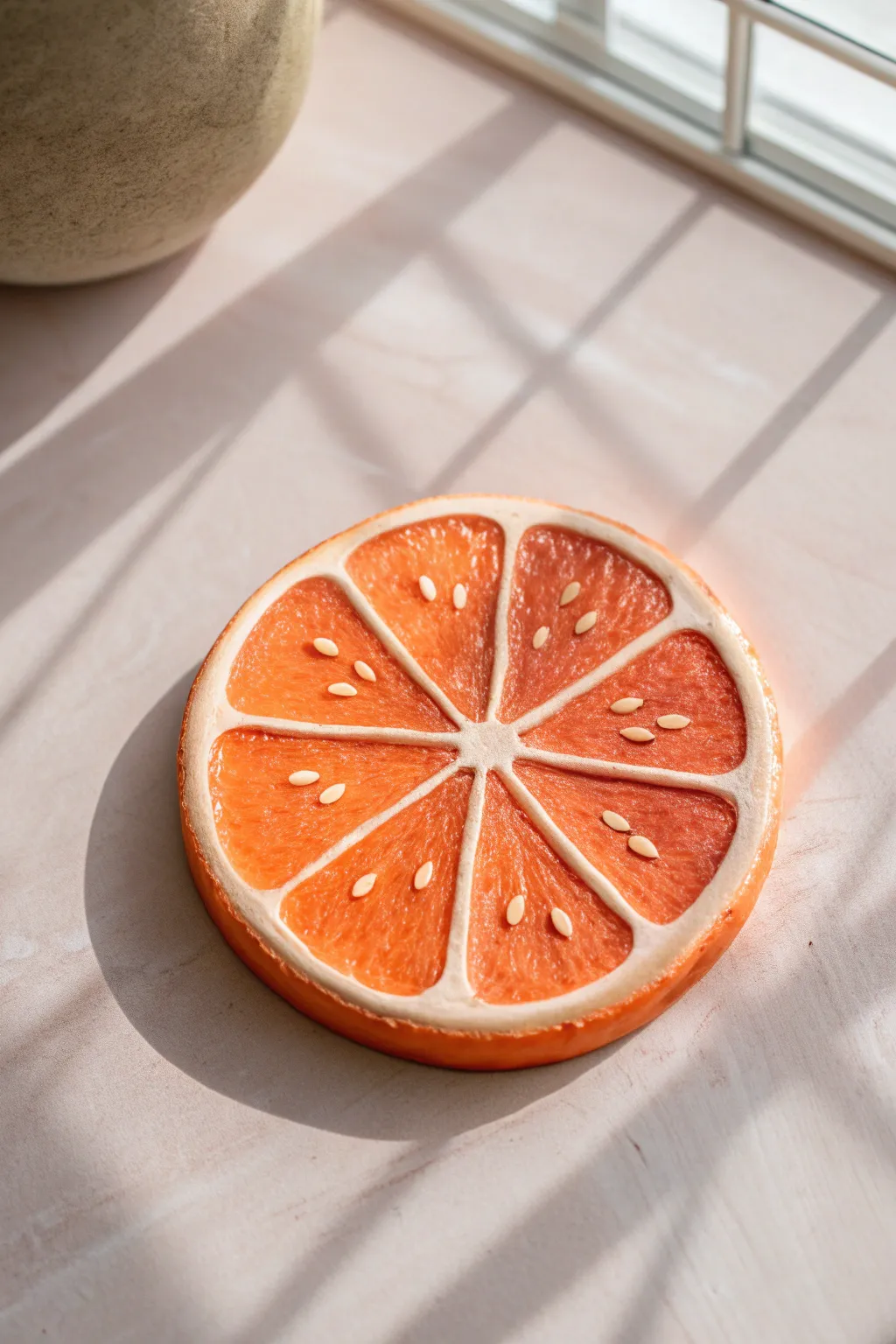 Sweet citrus slice clay magnet in pastel tones, minimalist styling with handmade charm.