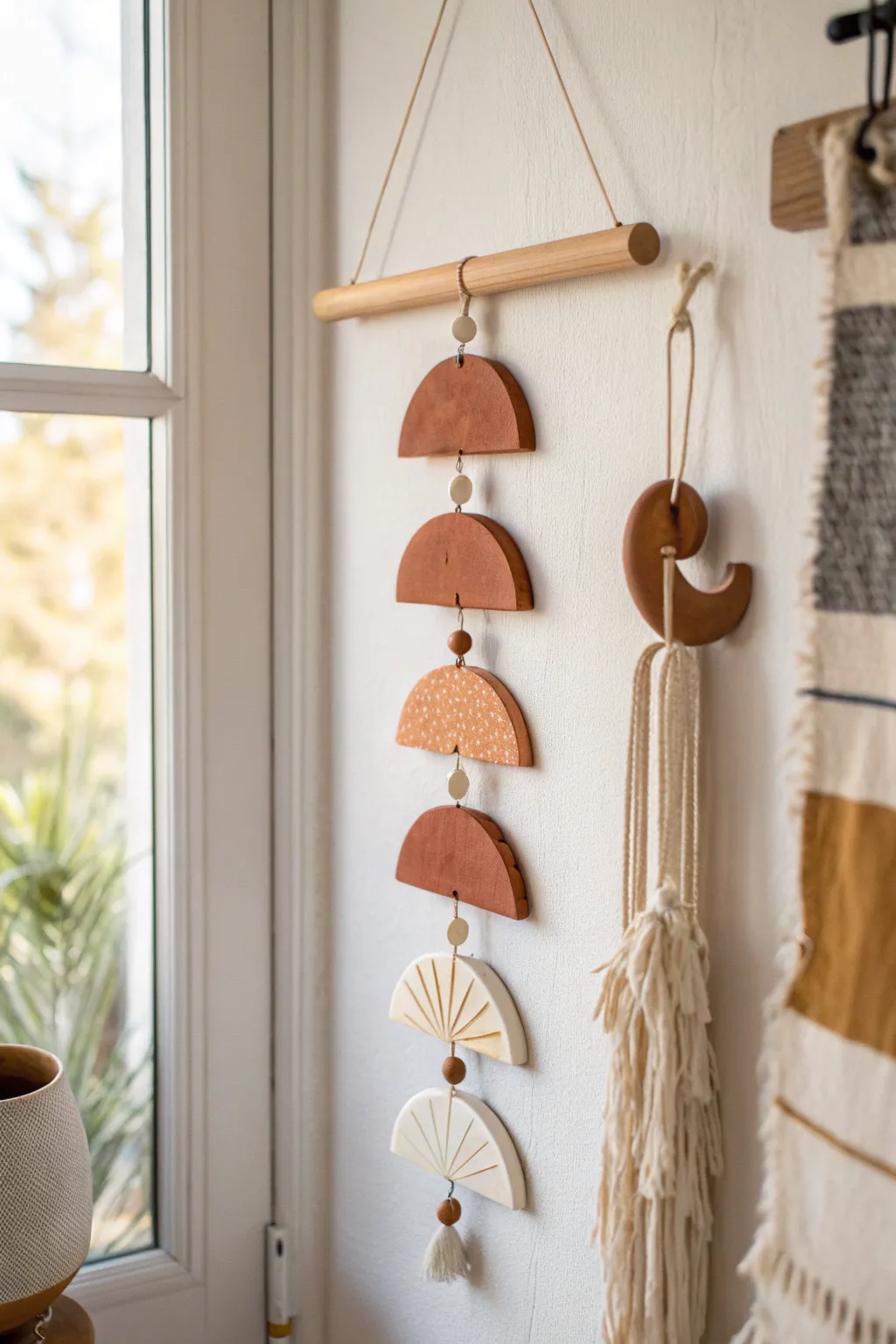 Minimal boho clay wall hanging in terracotta and cream with simple geometric shapes