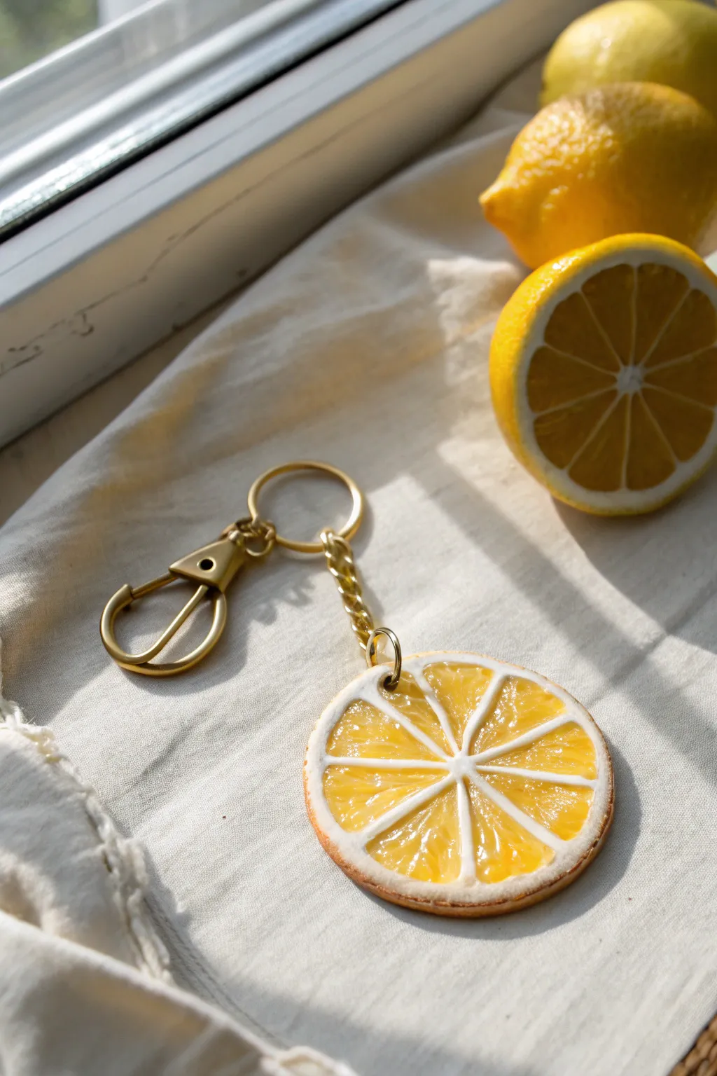Sunny clay citrus slice keychain charm, a playful mini food accent for your everyday keys.