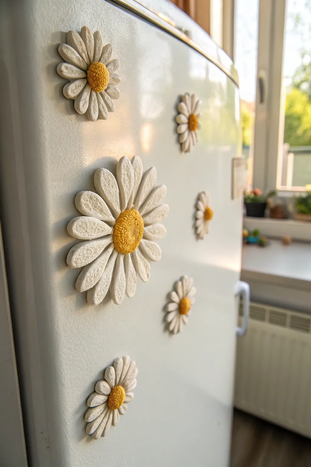 Daisy bloom clay magnets with soft handmade petals and sunny centers, styled in a calm minimalist look