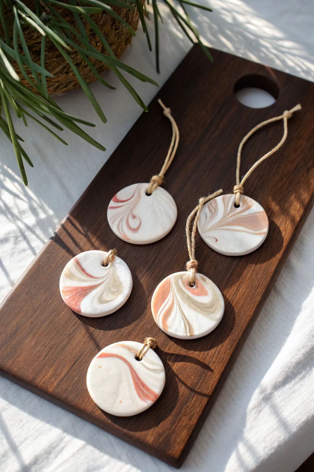 Soft marbled swirl clay ornaments in muted tones, styled on dark wood for cozy minimal contrast