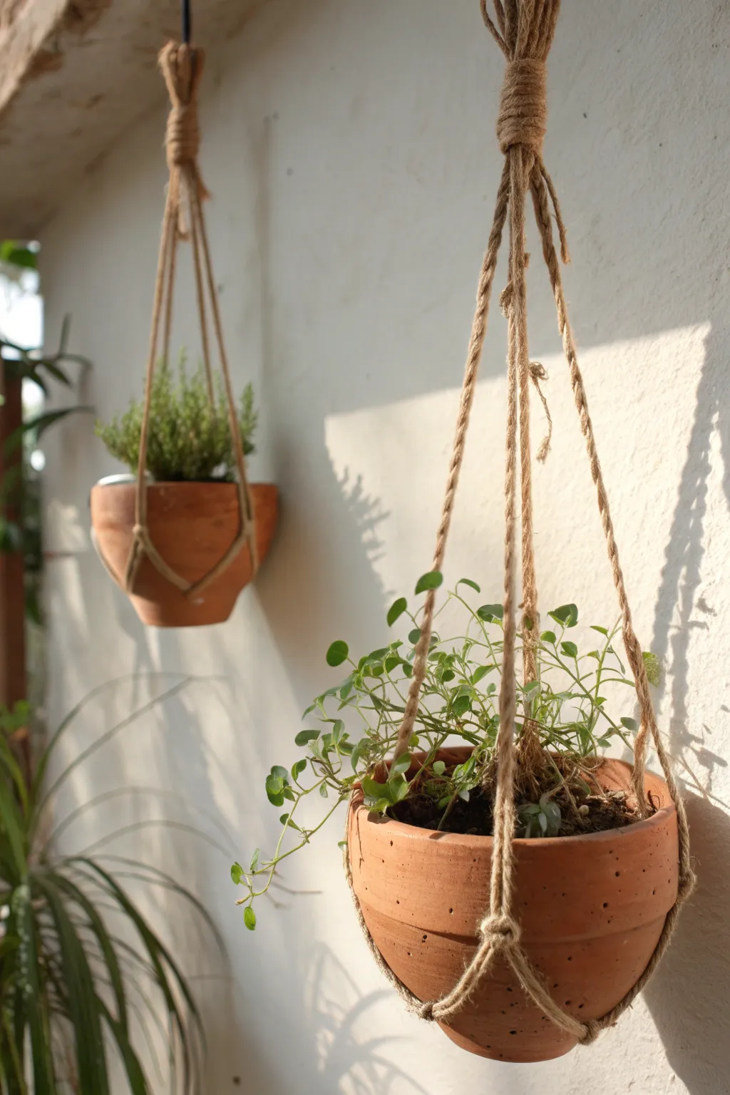 Simple twine-hung clay pots with airy greenery for an easy, minimalist DIY planter moment