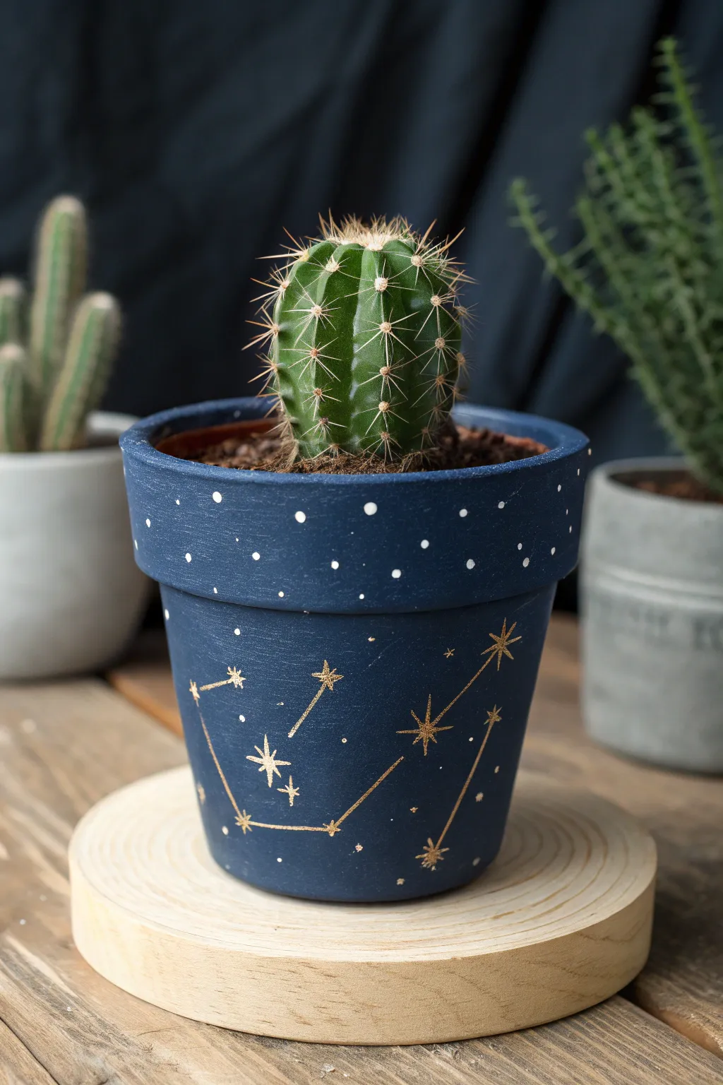 Deep navy starry clay pot with simple constellations, minimalist boho decor with night-sky charm